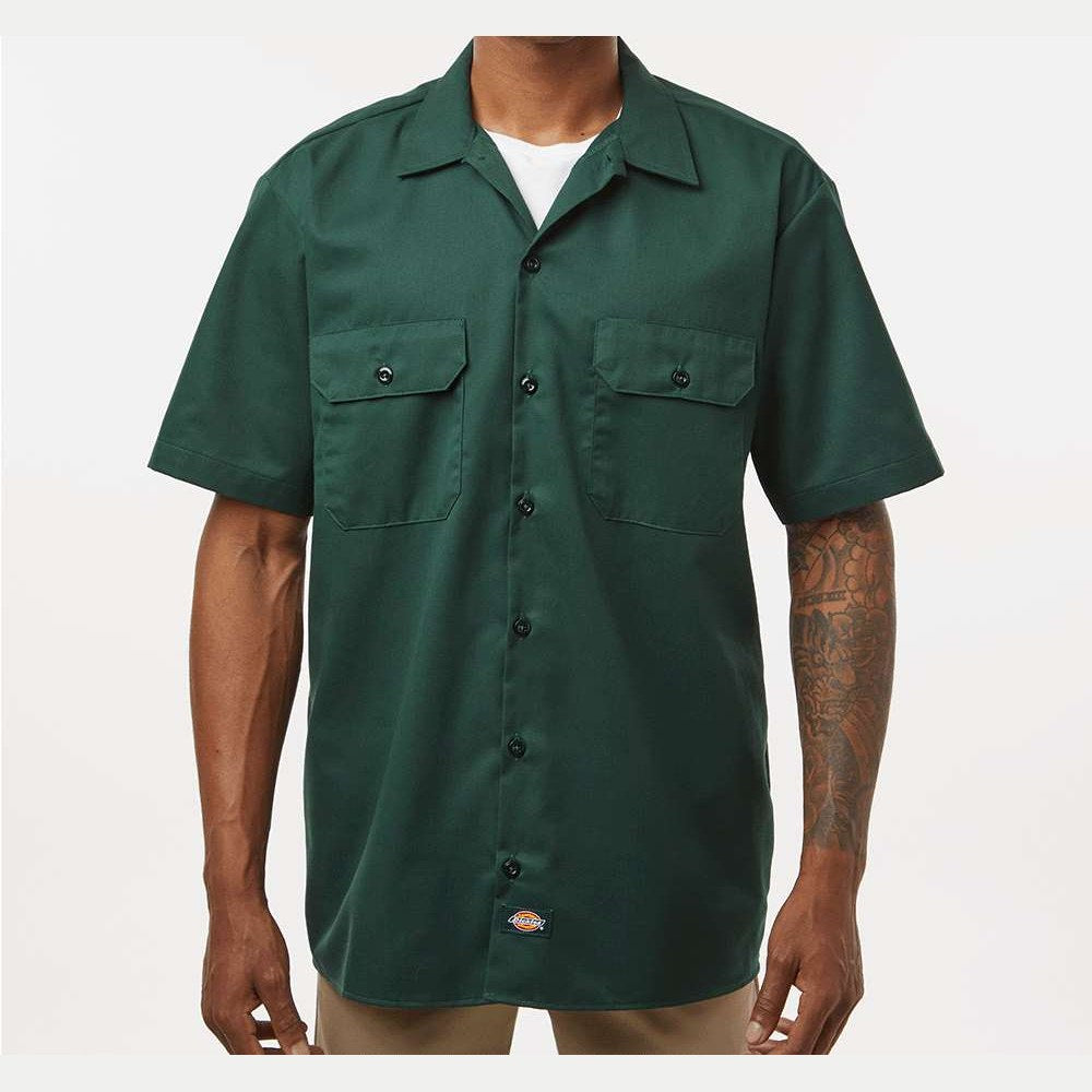 Dickies Men's Short Sleeve Work Shirt Embroidery - Hunter Green - On Model Front