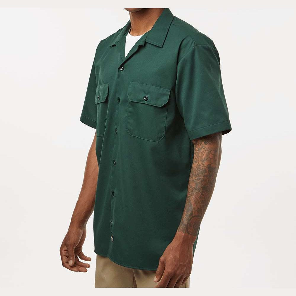 Dickies Men's Short Sleeve Work Shirt Embroidery - Hunter Green - On Model Side