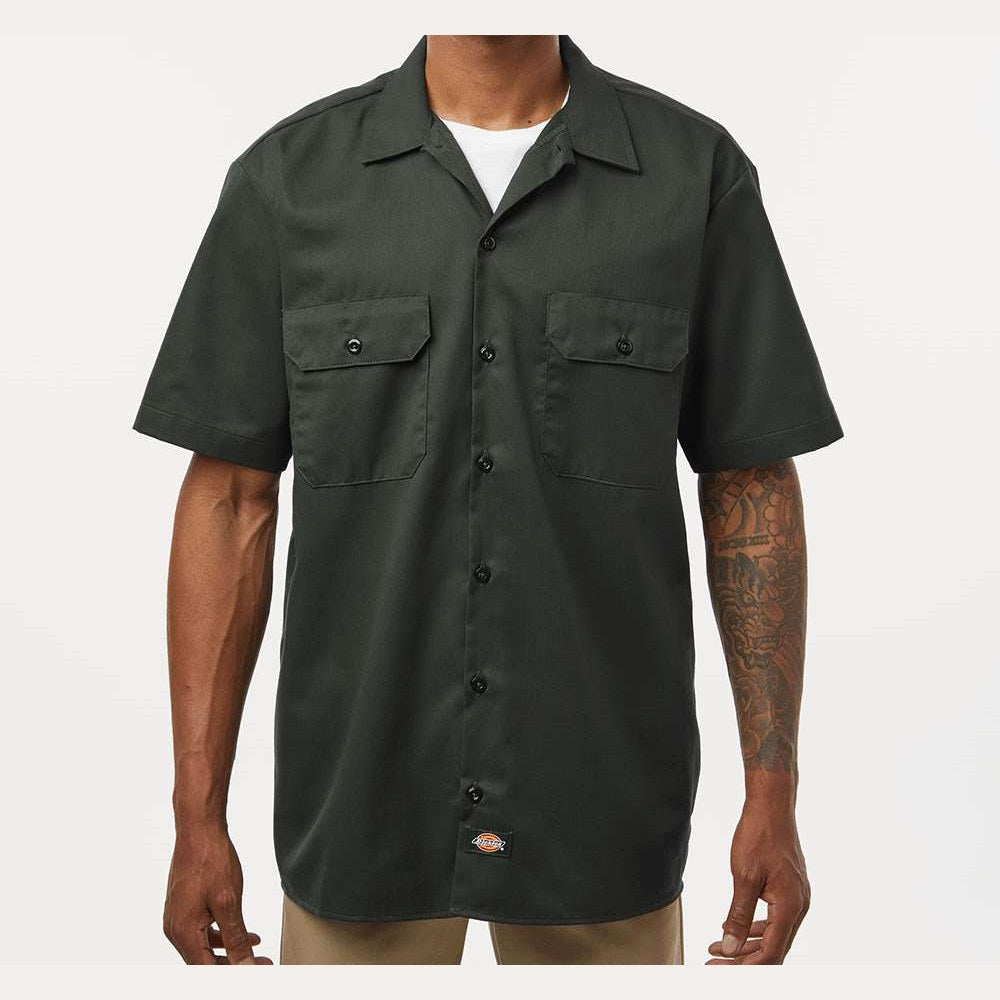 Dickies Men's Short Sleeve Work Shirt Embroidery - Olive Green - On Model Front