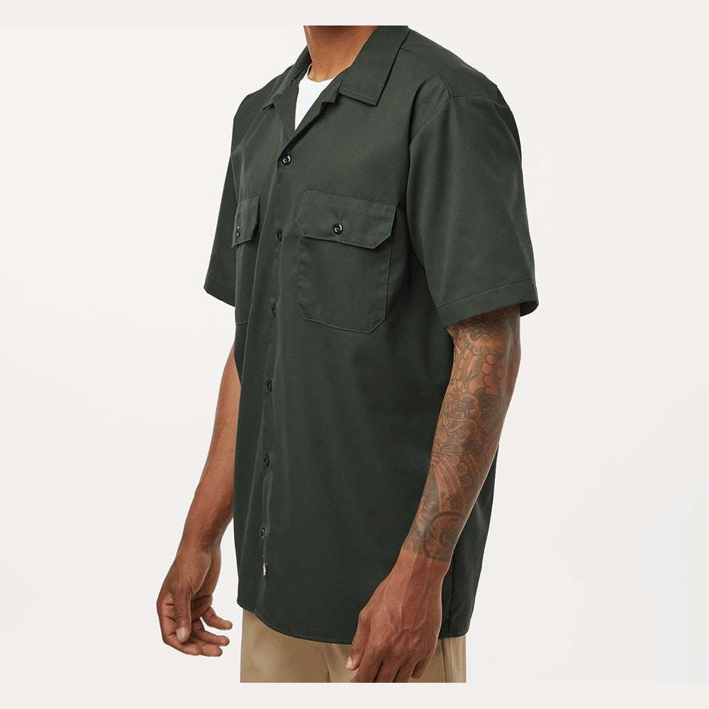 Dickies Men's Short Sleeve Work Shirt Embroidery - Olive Green - On Model Side