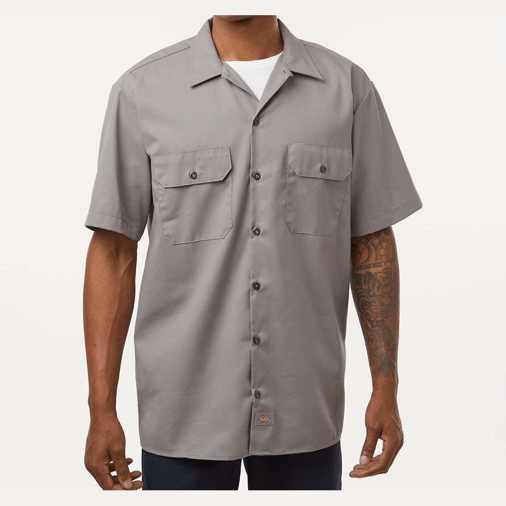 Dickies Men's Short Sleeve Work Shirt Embroidery - Silver Grey - On Model Front