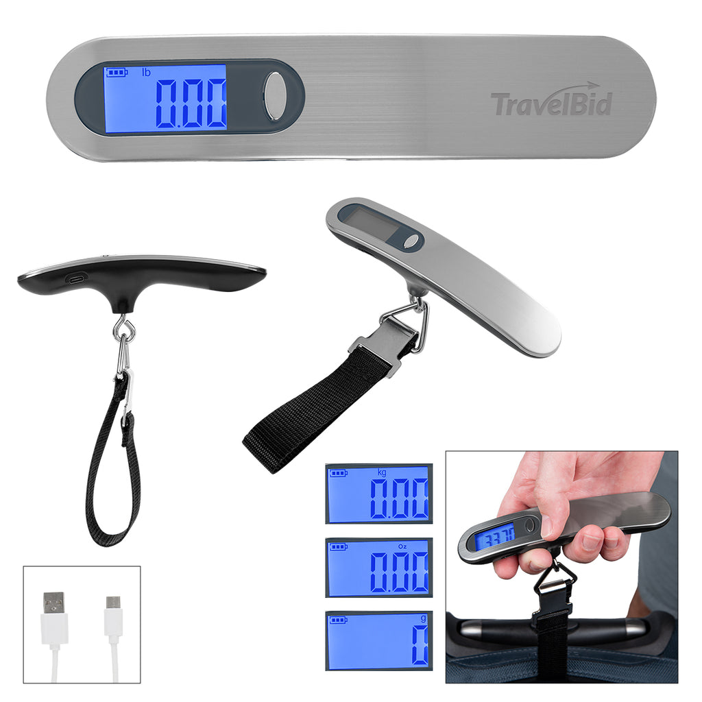 Digital Luggage Scale, Rechargeable - Silver with Black - Laser