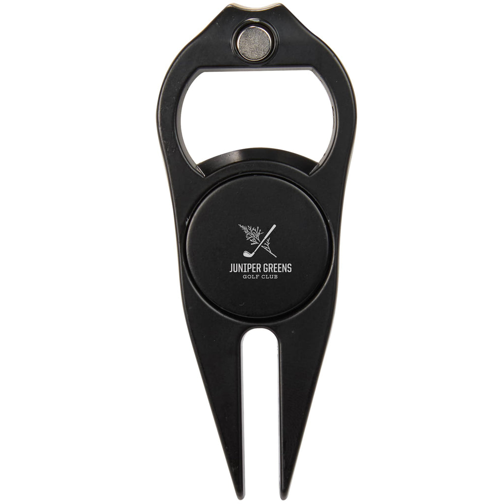 Divot Repair Tool with Bottle Opener and Ball Marker Laser Engraving - Black - Front