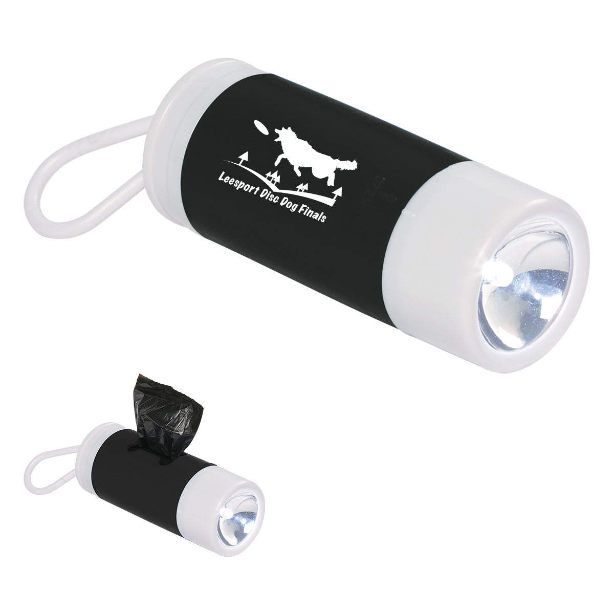 Dog Bag Dispenser and Flashlight - White with Black - Pad Print