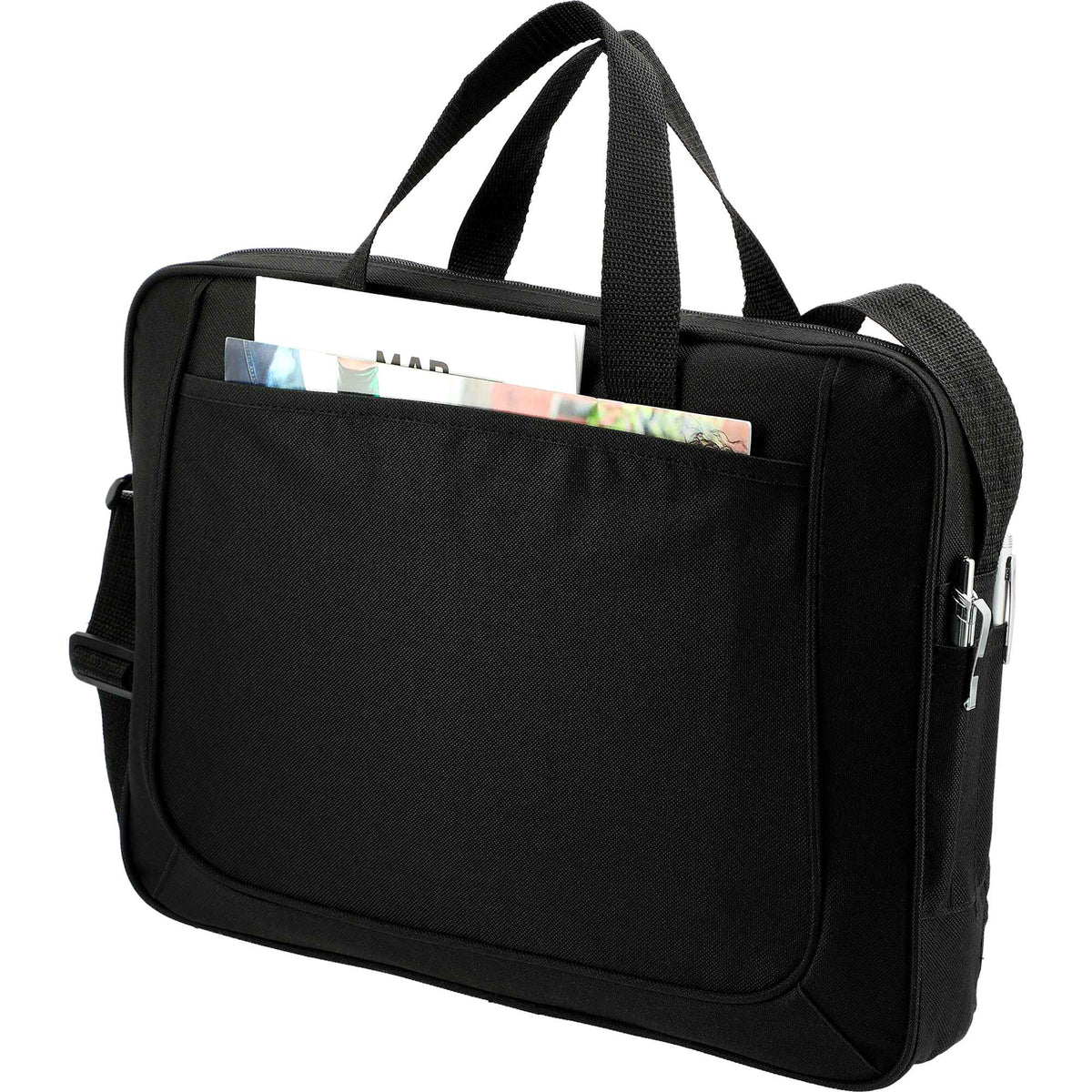 Dolphin Briefcase with Pen Sleeves and Shoulder Strap Full Color - Black - Left Angle