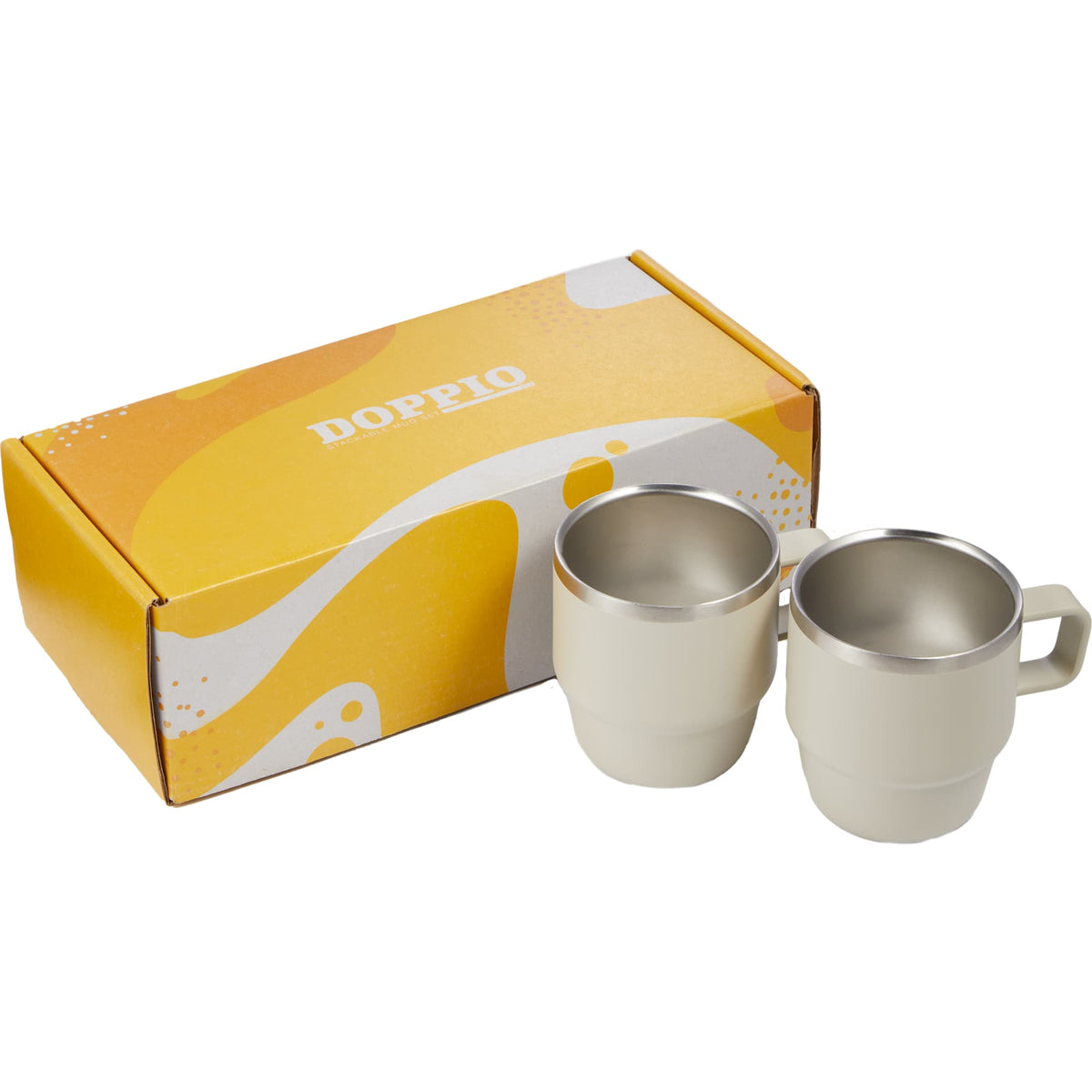 Doppio Stackable Espresso Mug Set in Recycled Steel, 6 oz - Cream - Packaging 2