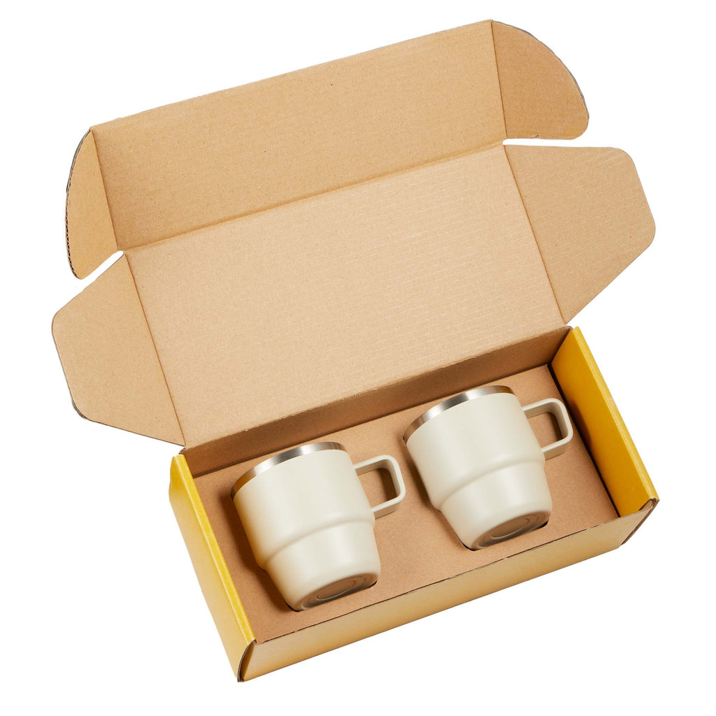 Doppio Stackable Espresso Mug Set in Recycled Steel, 6 oz - Cream - Packaging