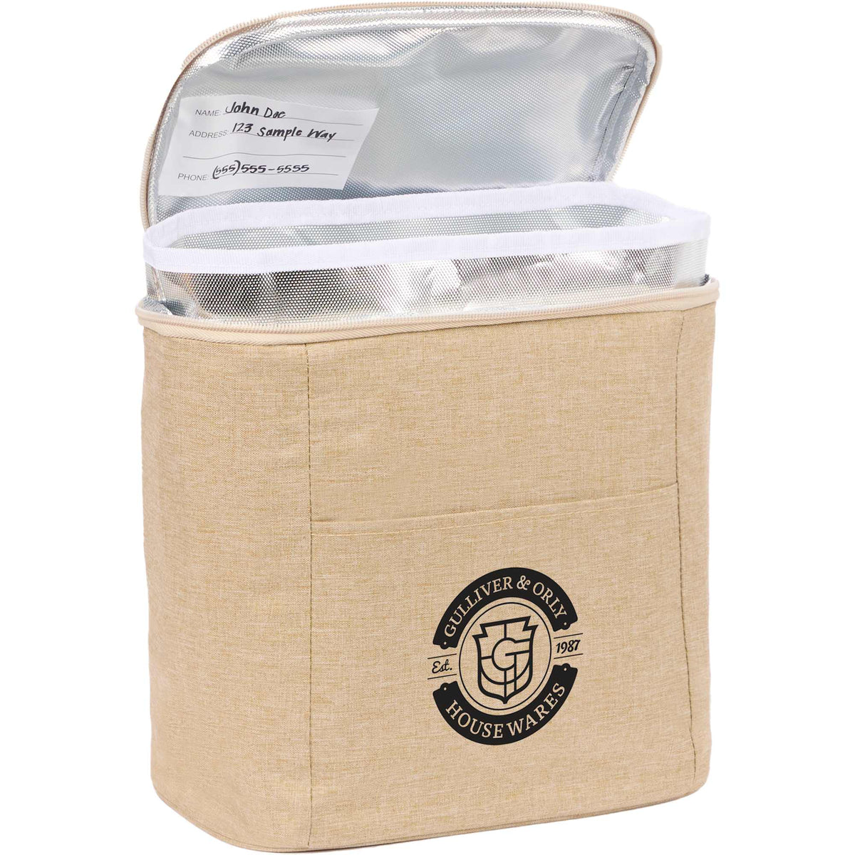 Double Lined Cooler with Removable Liner, 9 Cans Embroidery - Natural - Open Liner