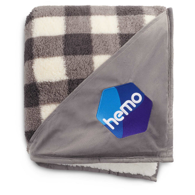 Double Sided Sherpa Blanket, White and Plaid Embroidery