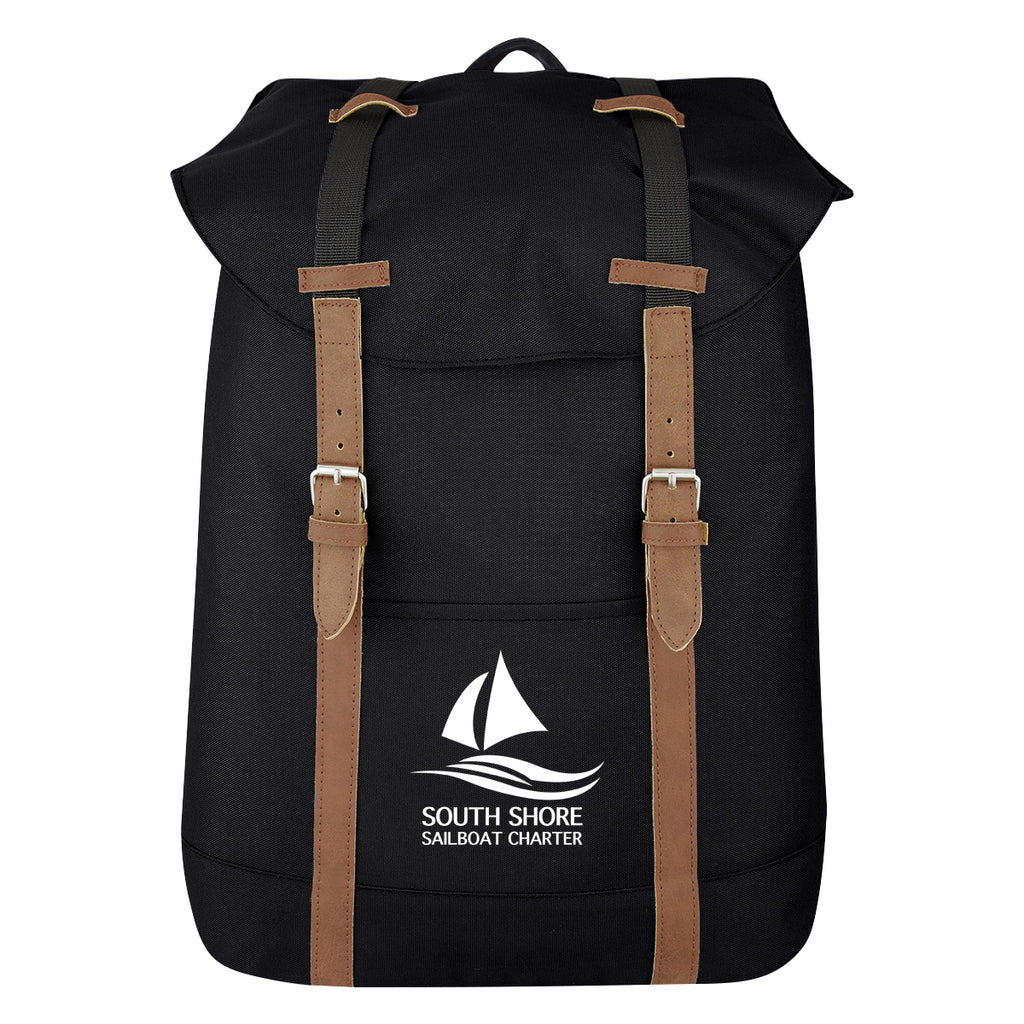 Drawstring Backpack with a Flap - Black - Silk Screen