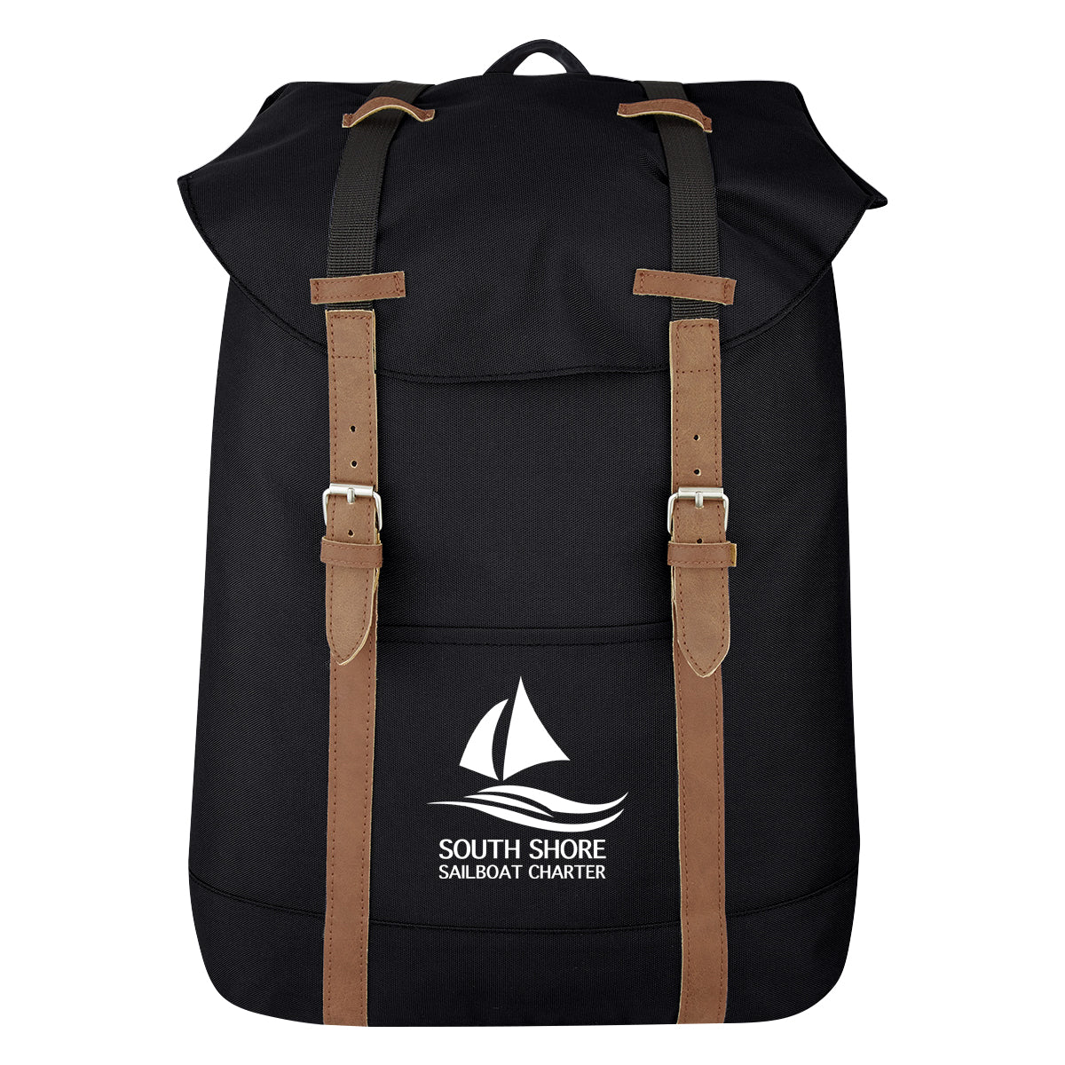 Drawstring Backpack with a Flap - Black - Silk Screen