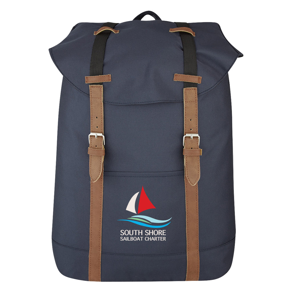 Drawstring Backpack with a Flap - Navy - Colorbrite