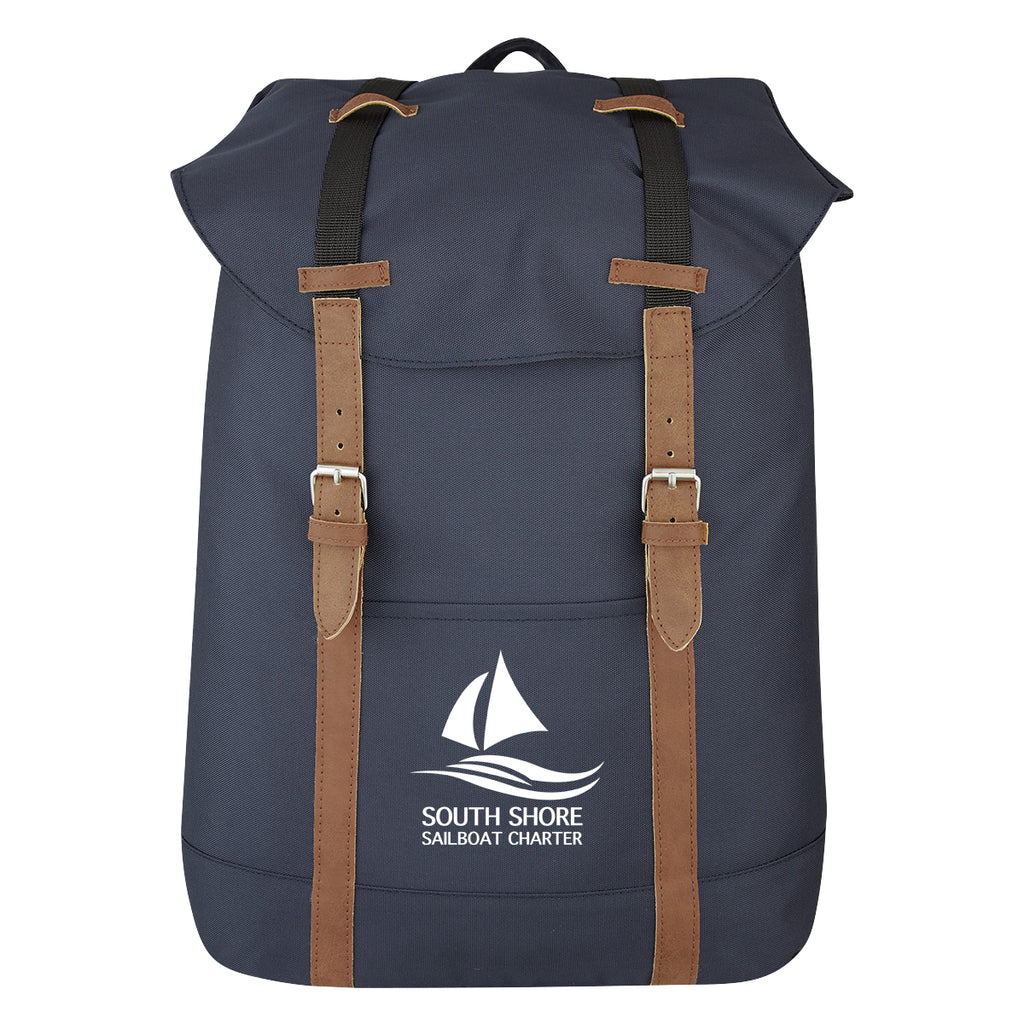 Drawstring Backpack with a Flap - Navy - Silk Screen