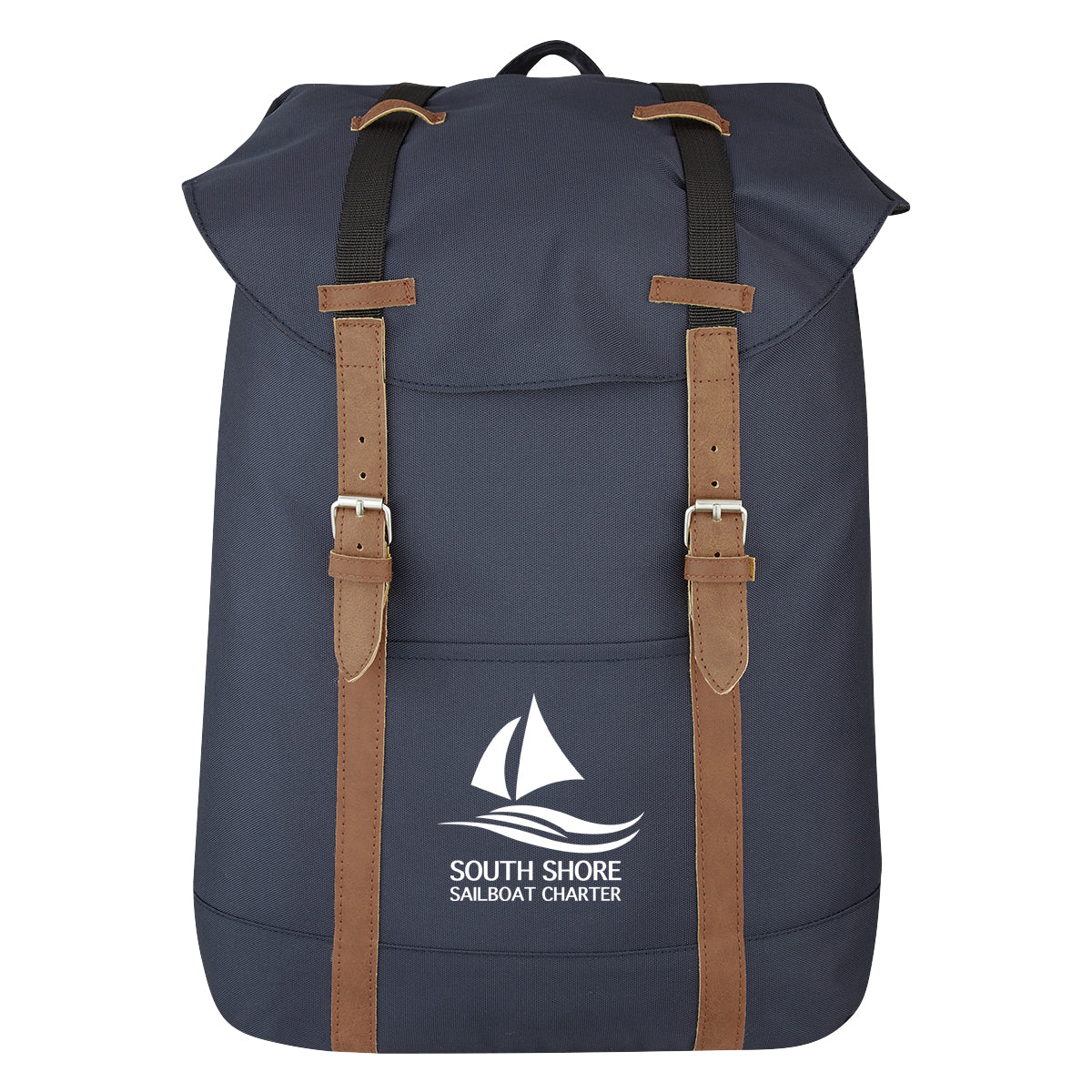 Drawstring Backpack with a Flap - Navy - Silk Screen