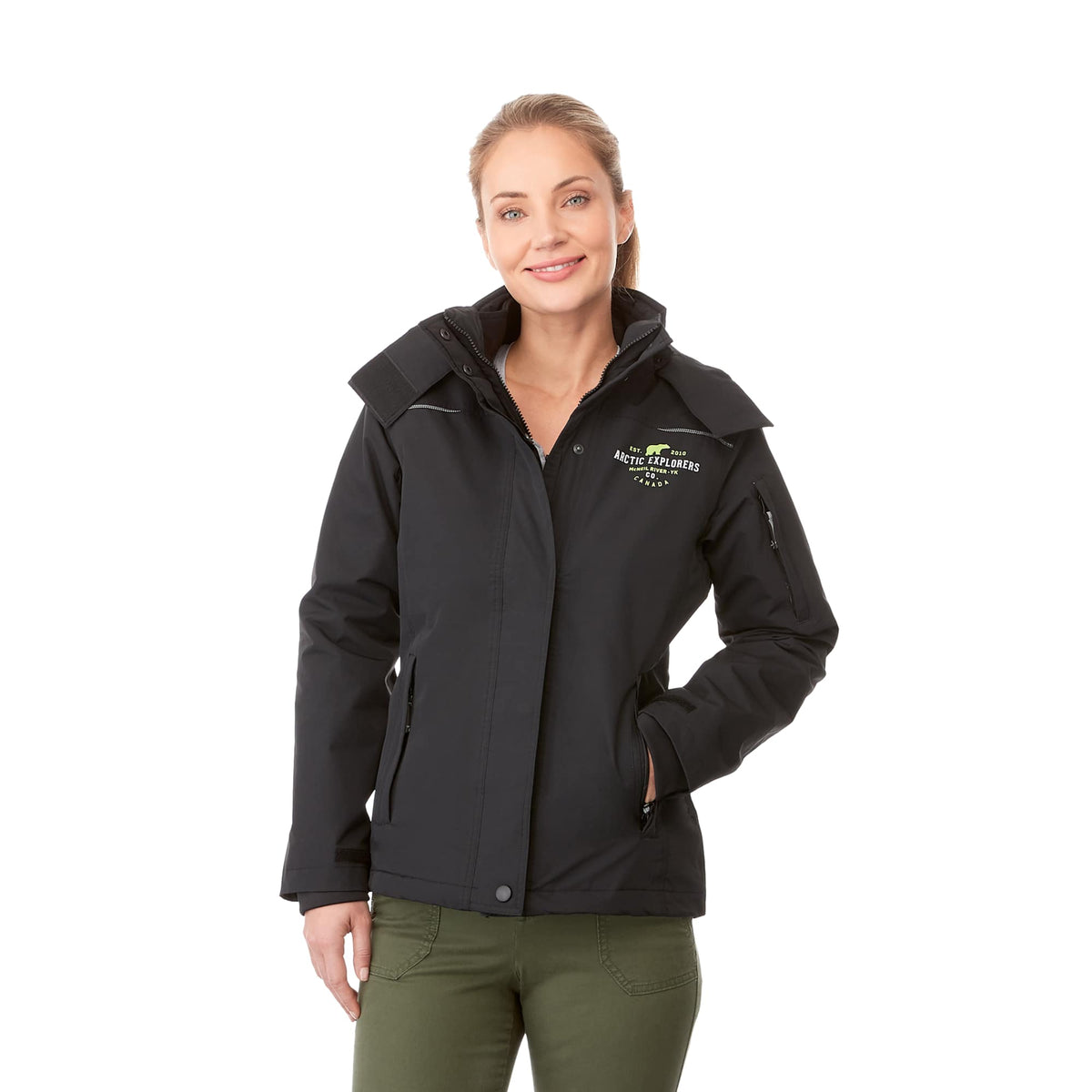 Dutra 3-in-1 Jacket with Reflective Piping for Women Embroidery - Black - Front On Model