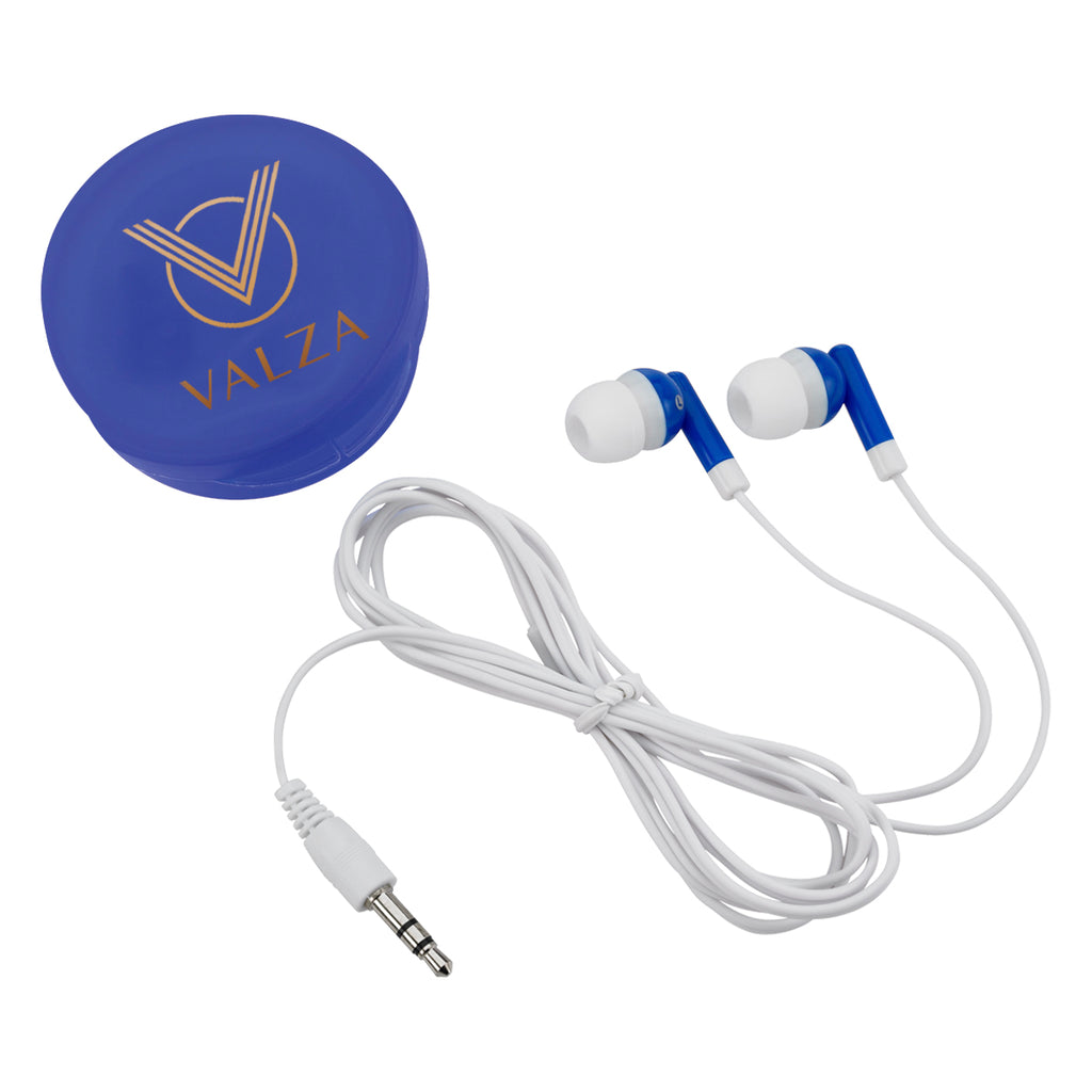 Earbuds with Round Plastic Case - Blue - Full Color