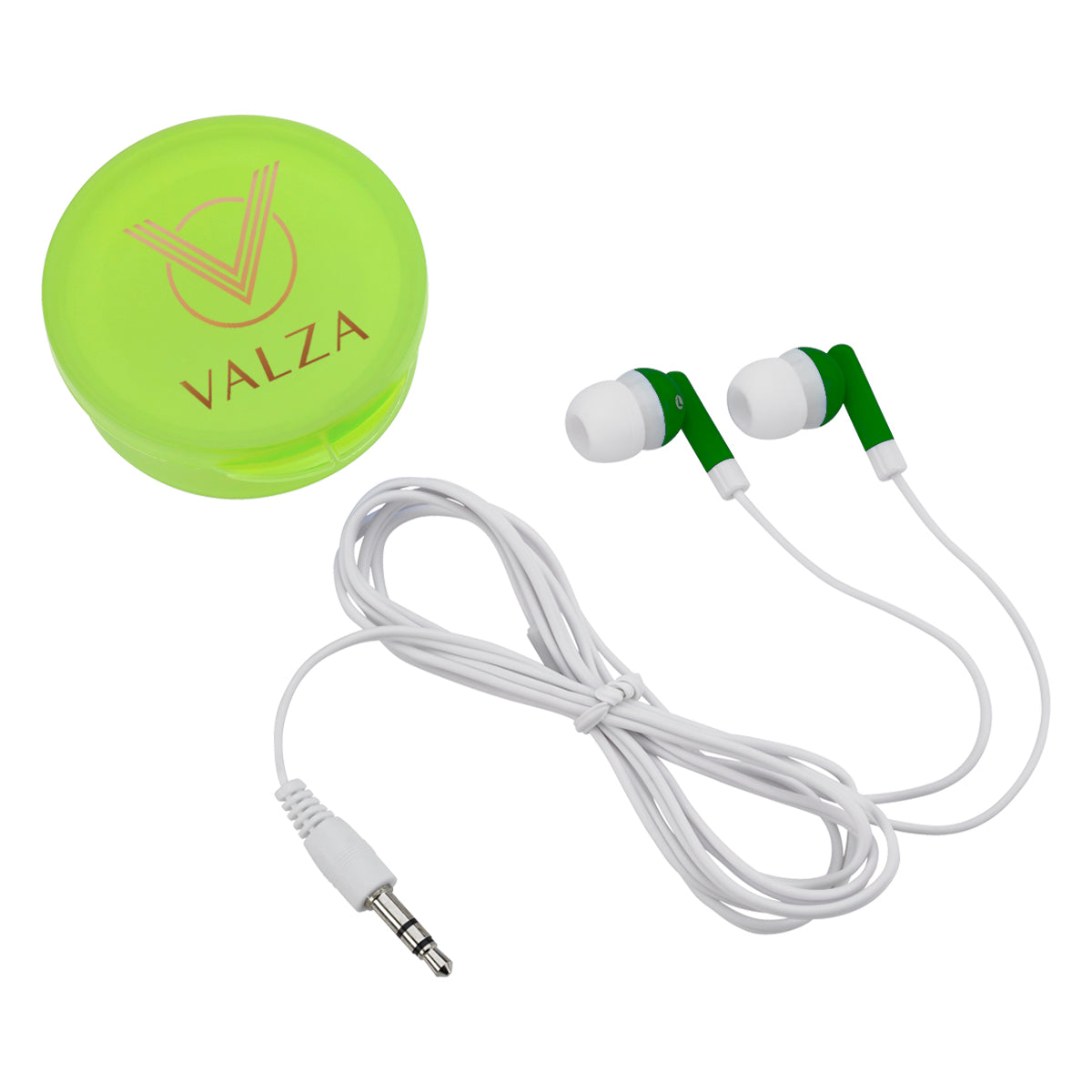 Earbuds with Round Plastic Case - Lime Green - Full Color