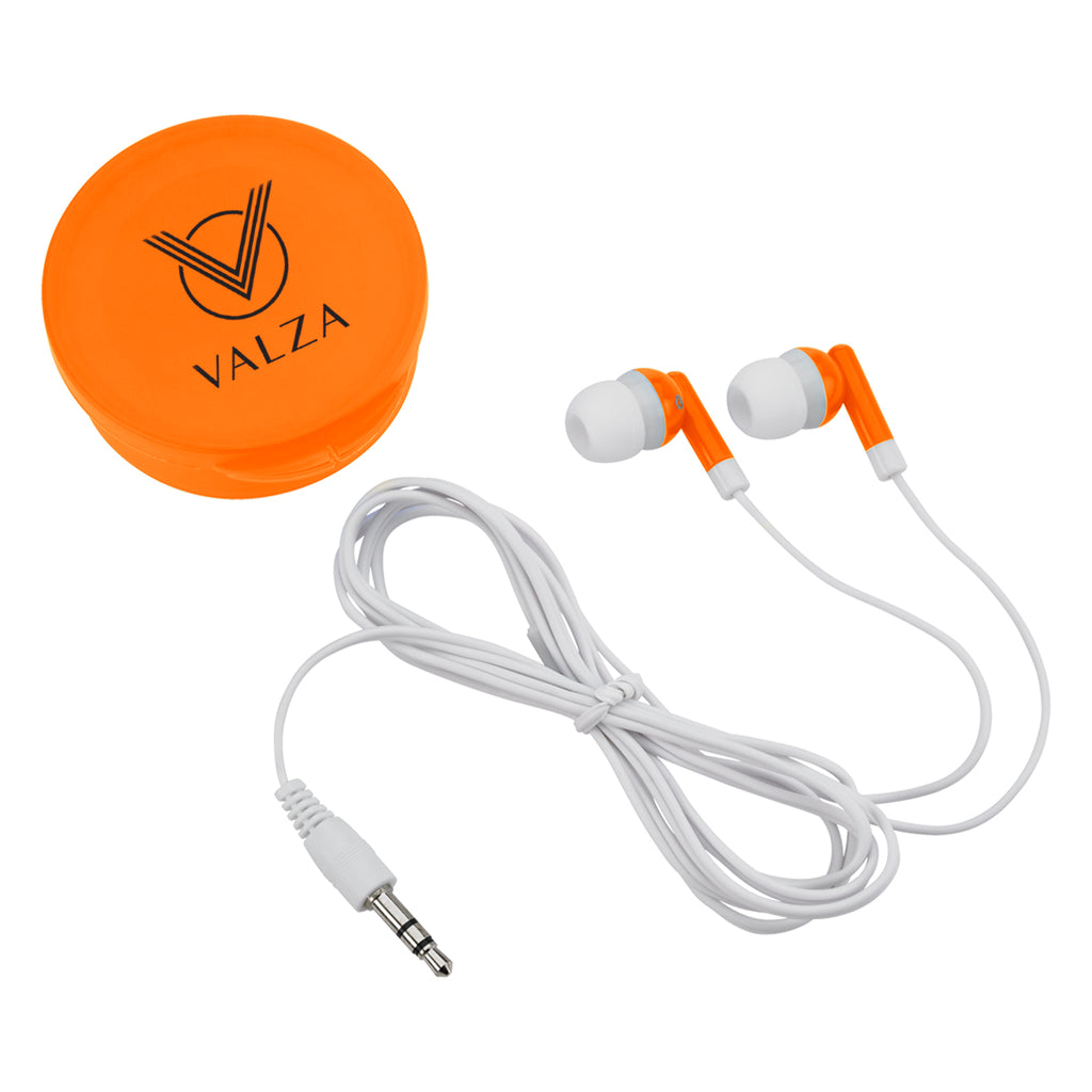 Earbuds with Round Plastic Case - Orange - Silk Screen