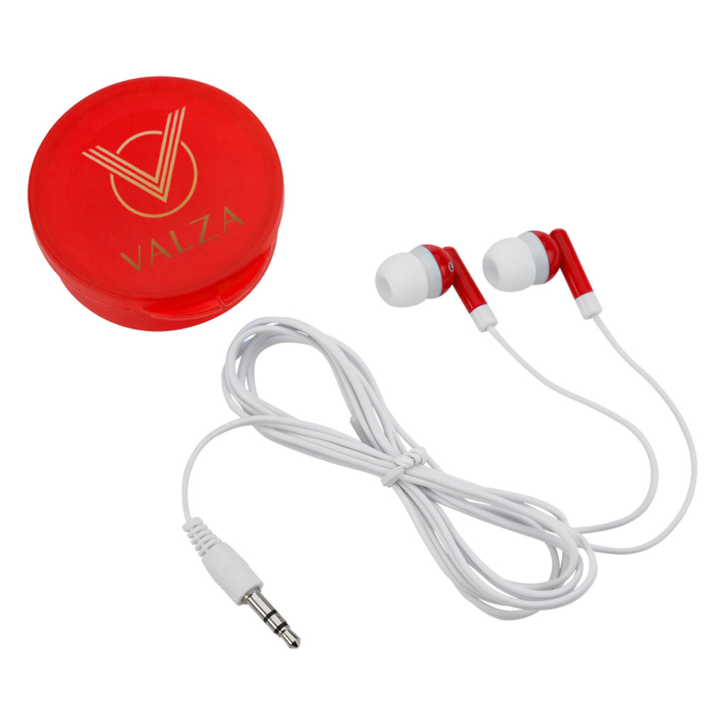 Earbuds with Round Plastic Case - Red - Full Color