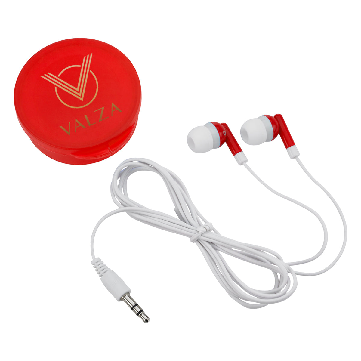 Earbuds with Round Plastic Case - Red - Full Color