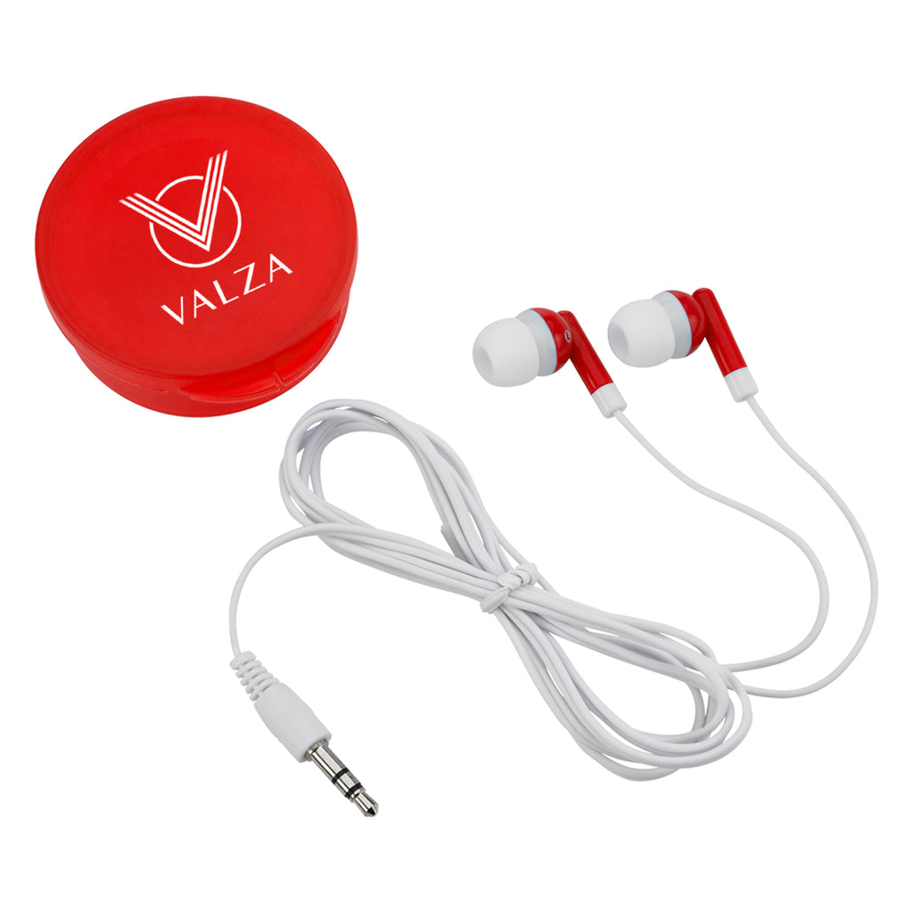 Earbuds with Round Plastic Case - Red - Silk Screen