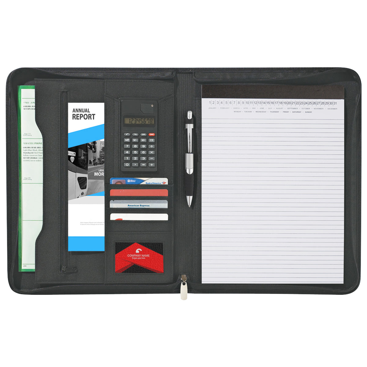 Eclipse Zippered Portfolio and Calculator in Bonded Leather - Black - Open