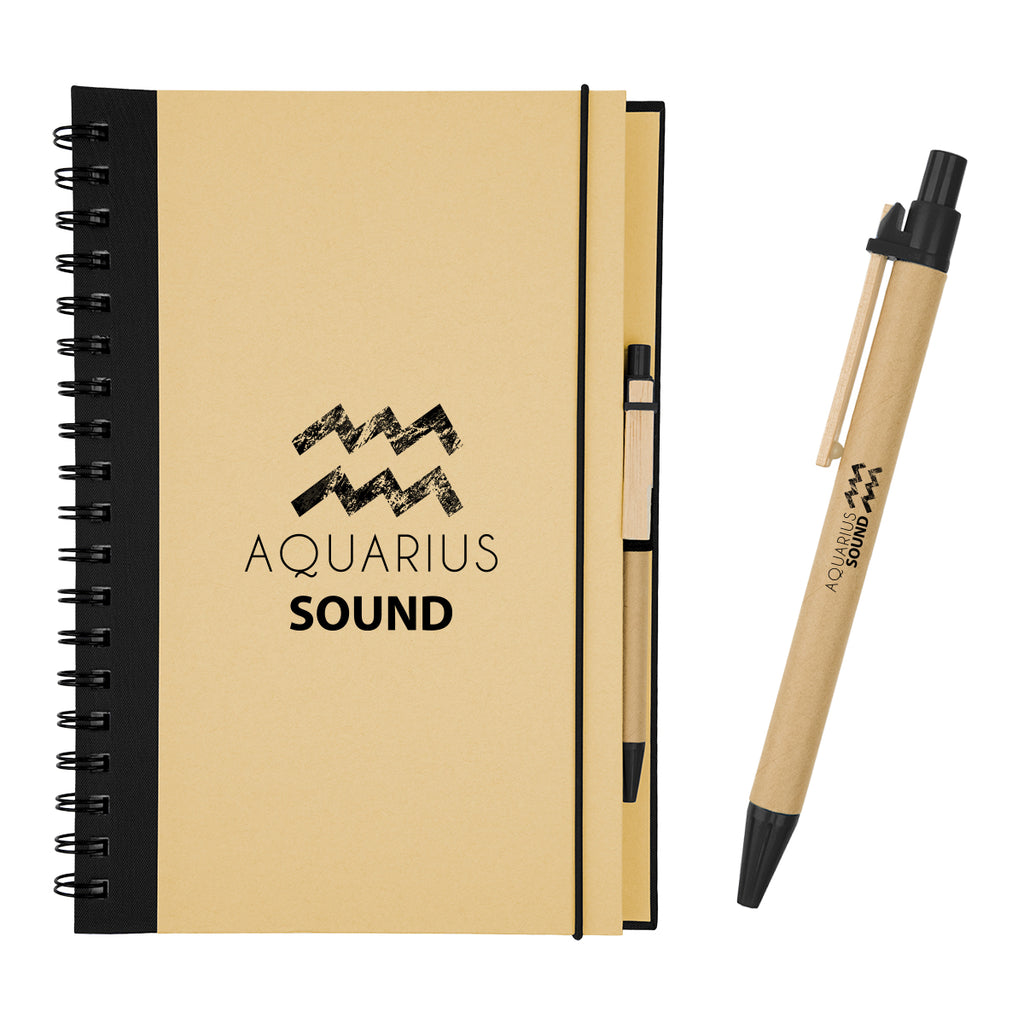 Eco-Inspired Spiral Notebook and Pen, 7 x 10 Inches - Natural with Black - Silk Screen