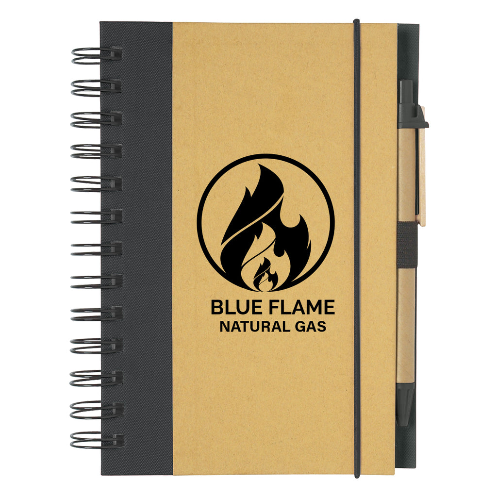 Eco-Inspired Spiral Notebook and Pen - Natural with Black - Silk Screen