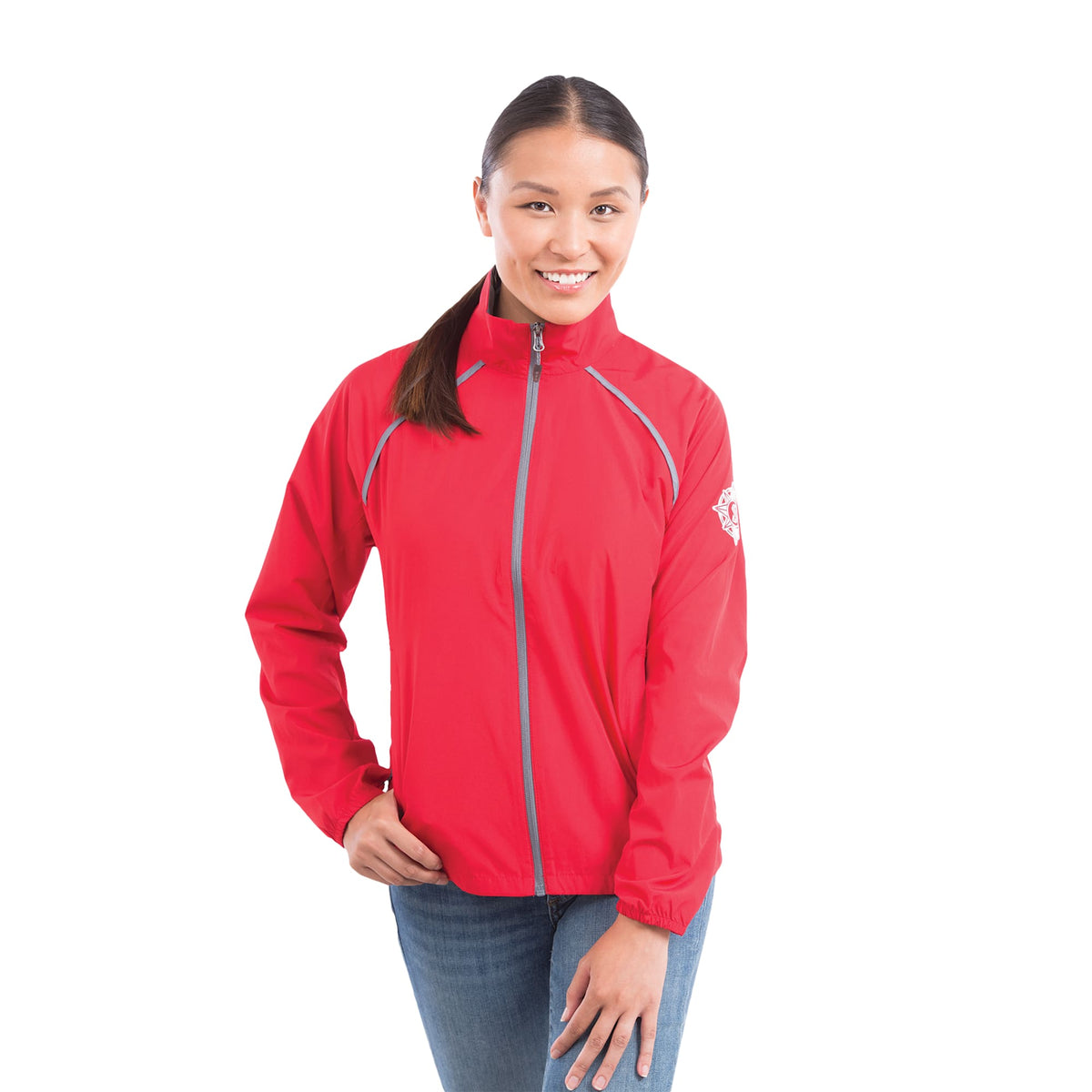 Egmont Lightweight Packable Jacket for Women Embroidery - Team Red/Steel Grey - Front Flat