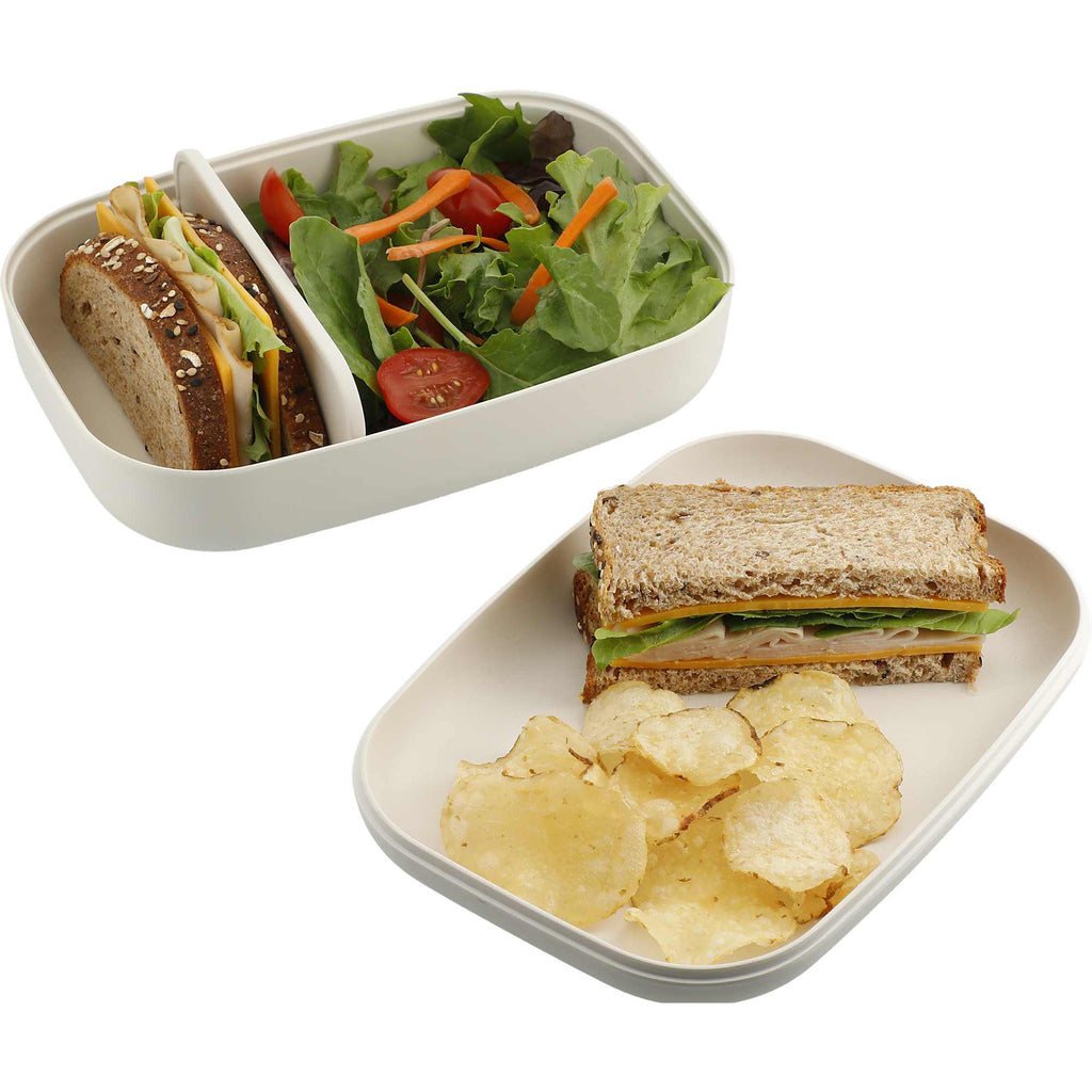 Ekobo Bamboo Fiber Bento Box with Plate Lid Laser Engraving - Off white - Right Angle 3