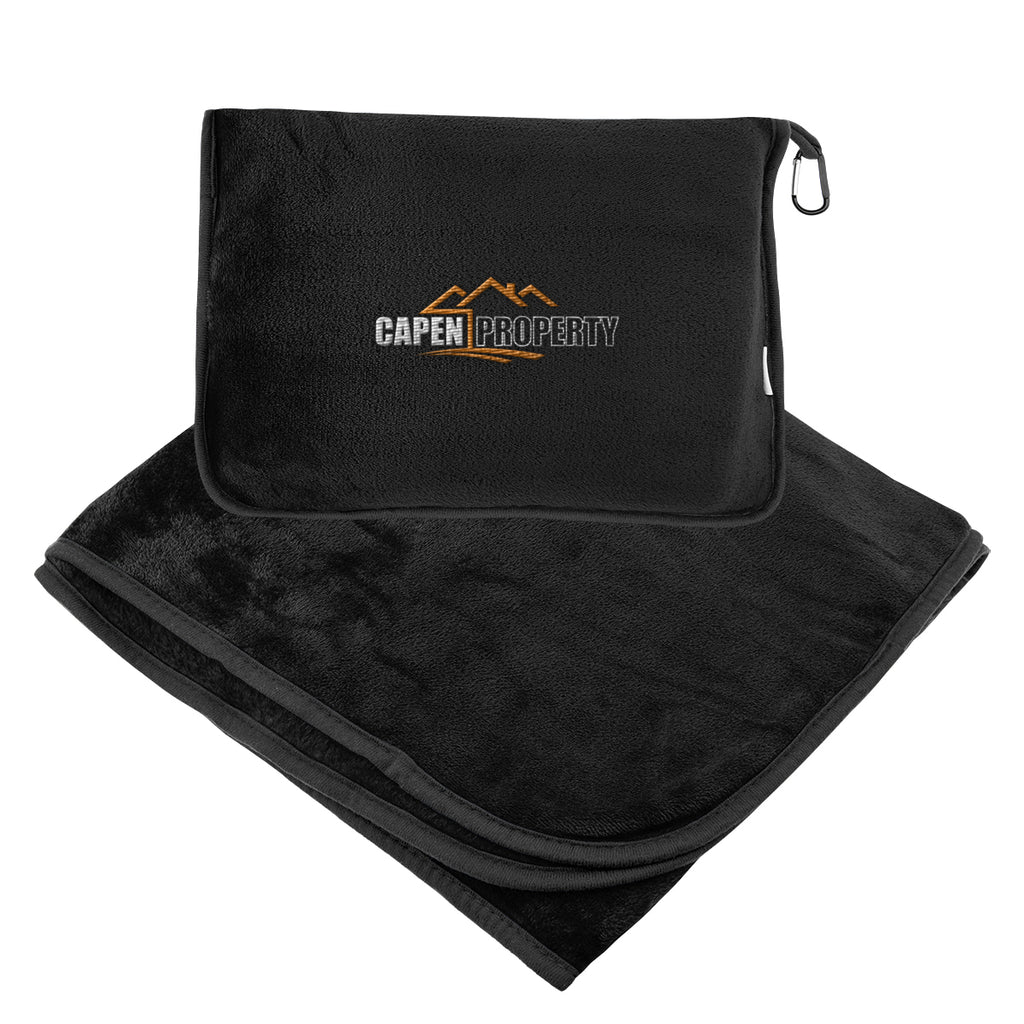 En Route Travel Blanket with Pillow Pouch - Black - Embroidery