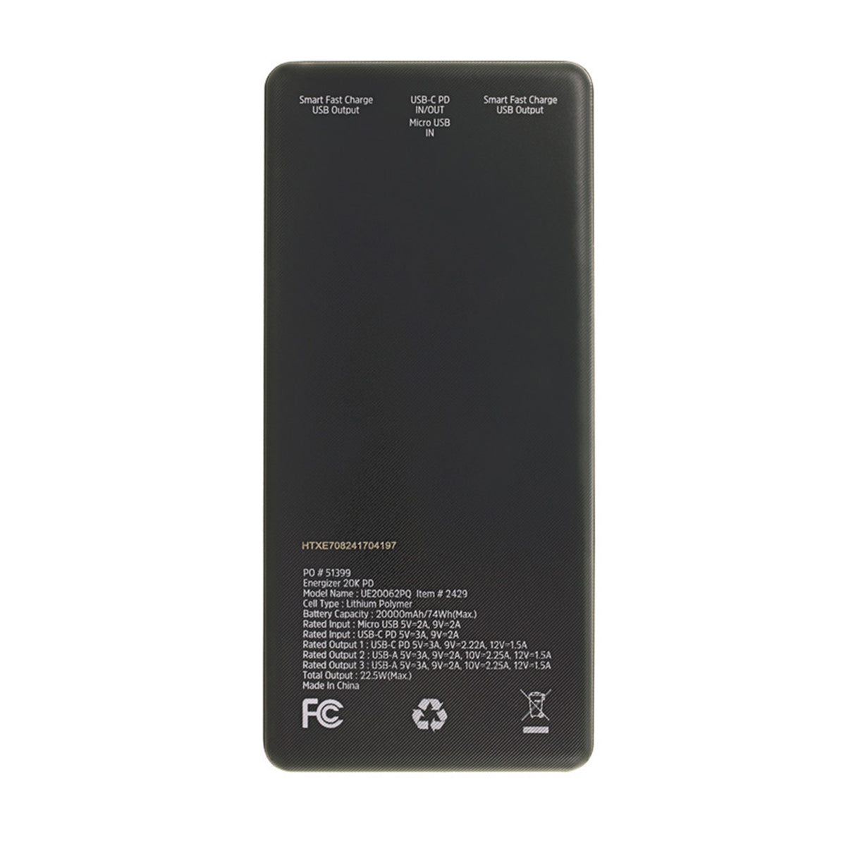 Energizer PD Power Bank, 20,000 mAh - Black - Back