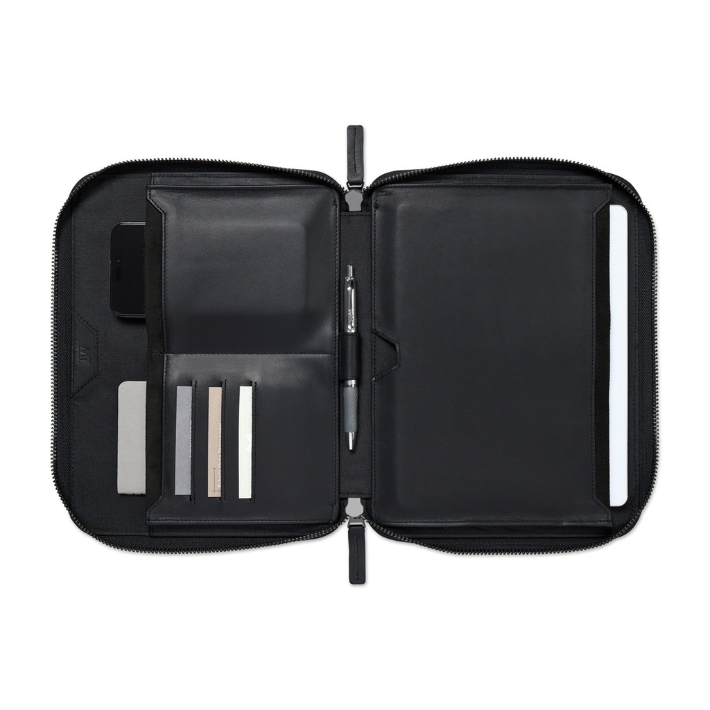 Envoy Junior Tech Folio in Top Grain Leather Embroidery - Black - View 2
