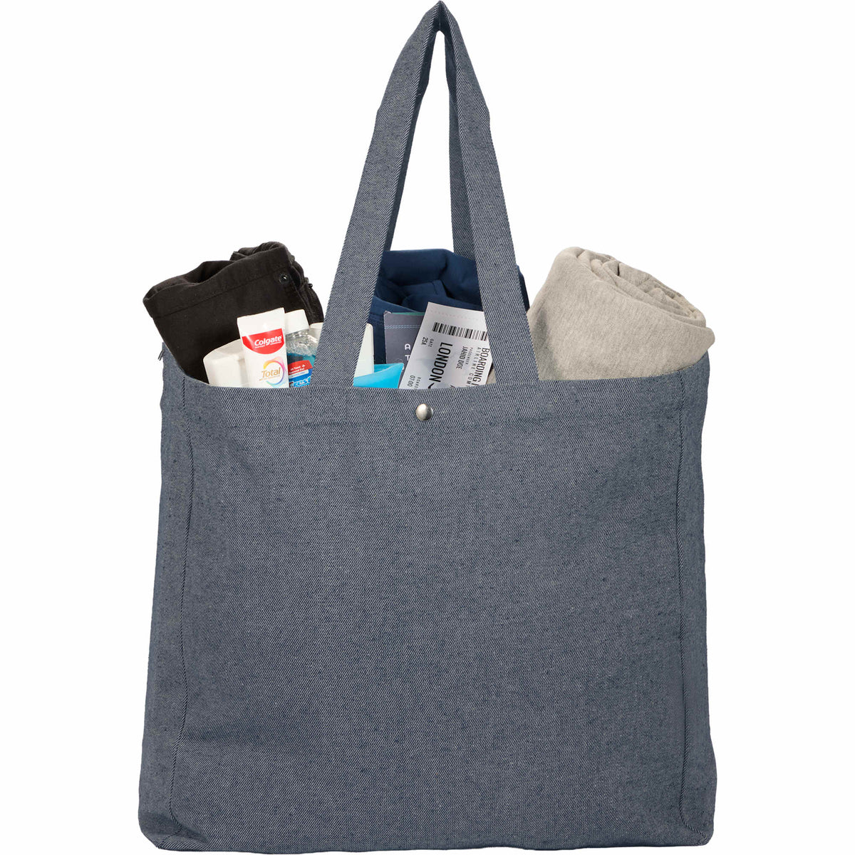 Eon Recycled Cotton Tote with Snap Closure, 5 oz Embroidery - Navy - Propped 2