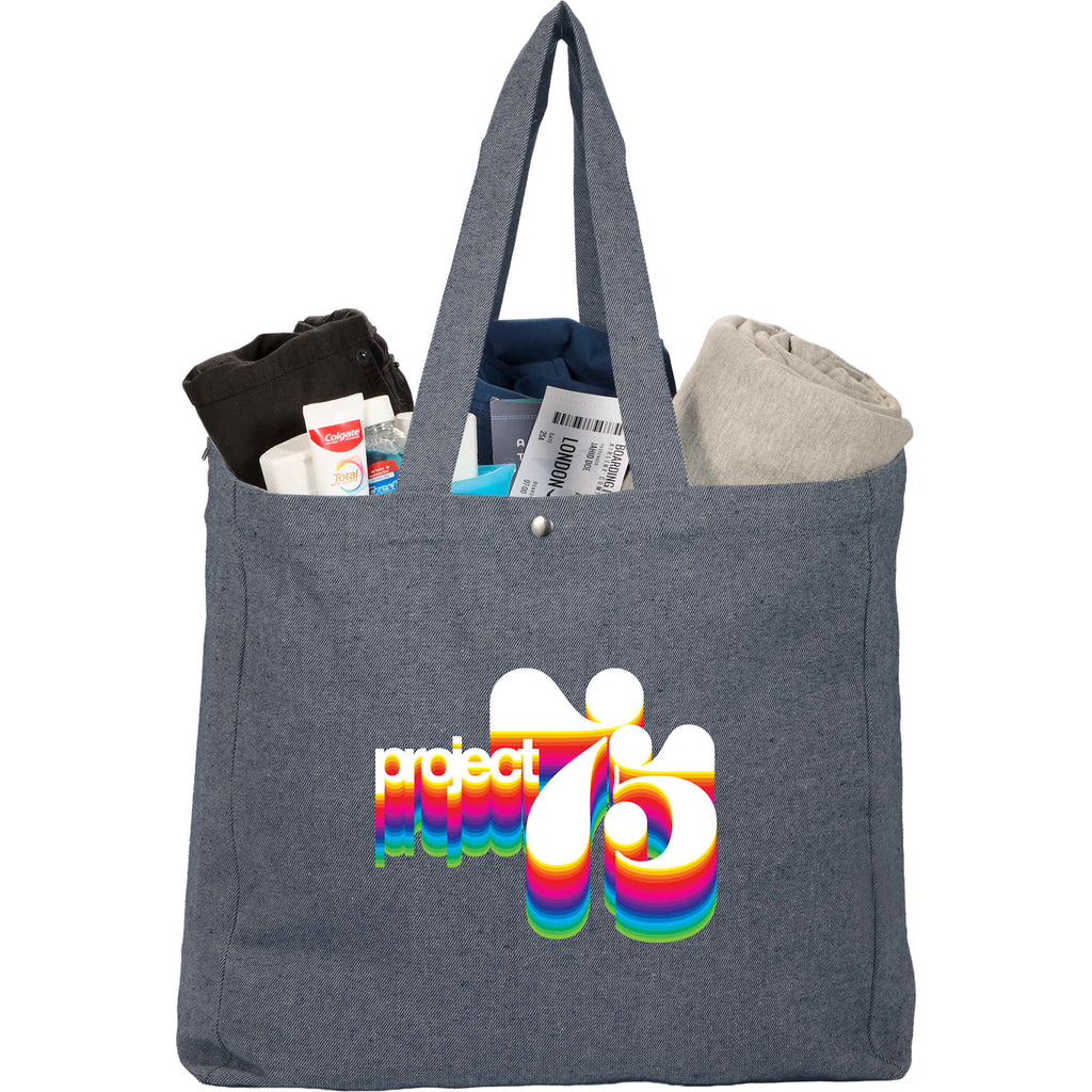 Eon Recycled Cotton Tote with Snap Closure, 5 oz Embroidery - Navy - Propped
