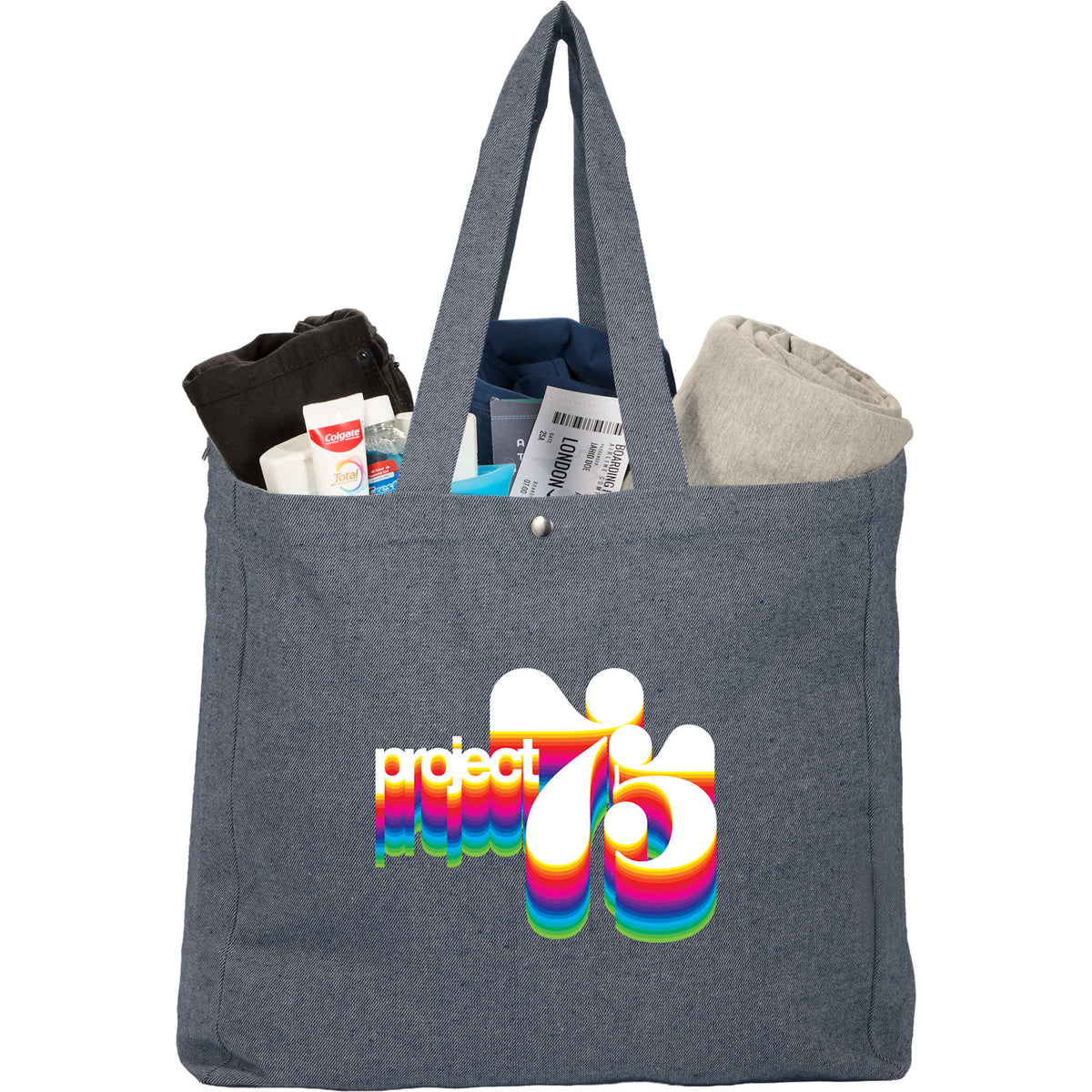 Eon Recycled Cotton Tote with Snap Closure, 5 oz Embroidery - Navy - Propped