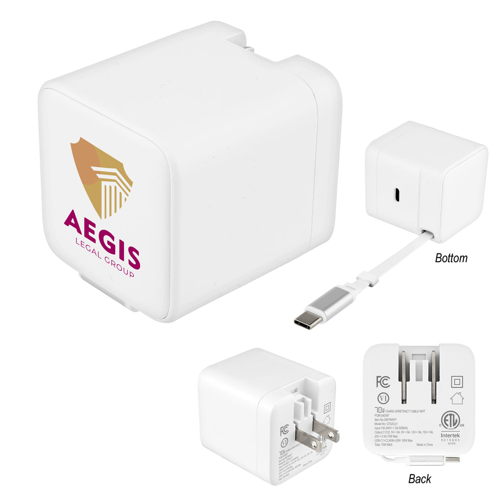 ETL Listed Wall Charger with Retractable Cable, 70W - 70W ETL Listed Wall Charger With Retractable Cable