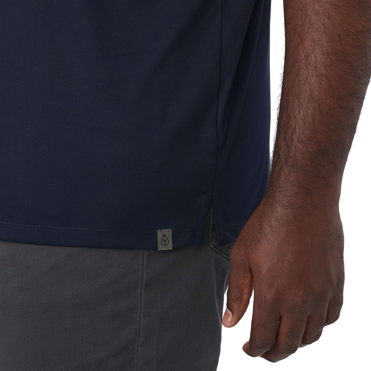 Evans Eco Recycled Performance Polo for Men Debossing - Navy - Detail On Model 2