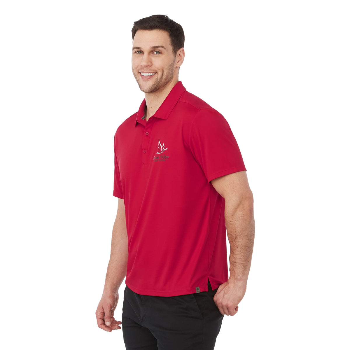 Evans Eco Recycled Performance Polo for Men Debossing - Team Red - Left Angle On Model