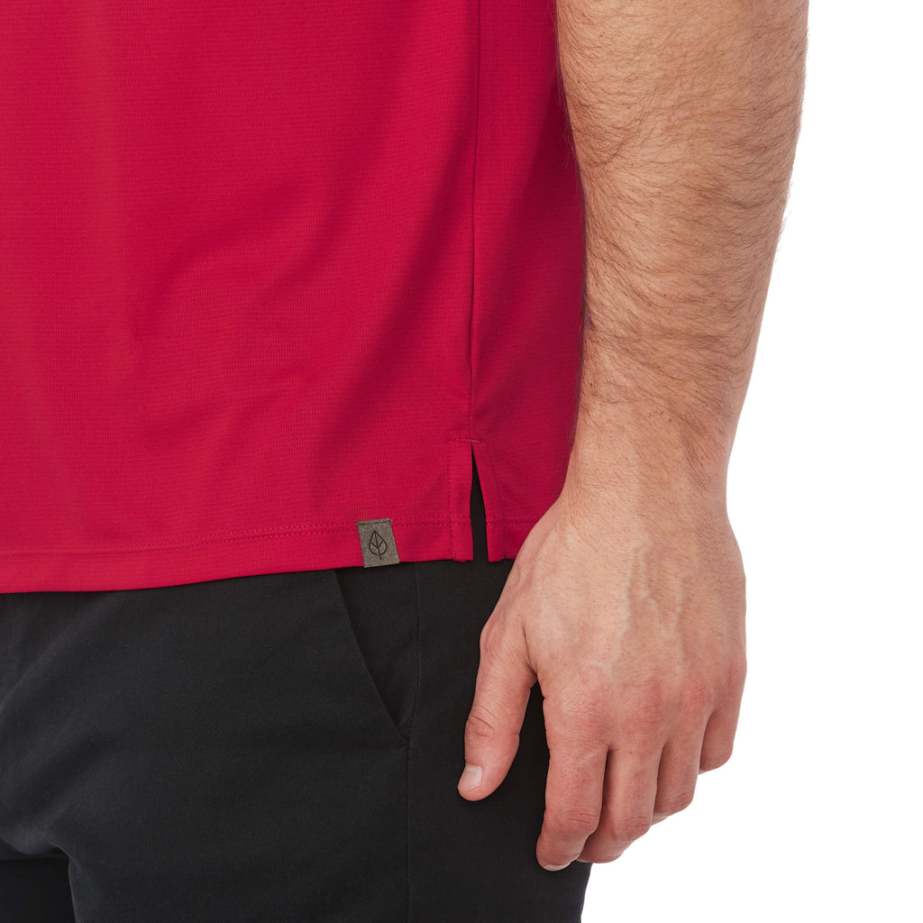 Evans Eco Recycled Performance Polo for Men Laser Engraving - Team Red - Detail On Model 2