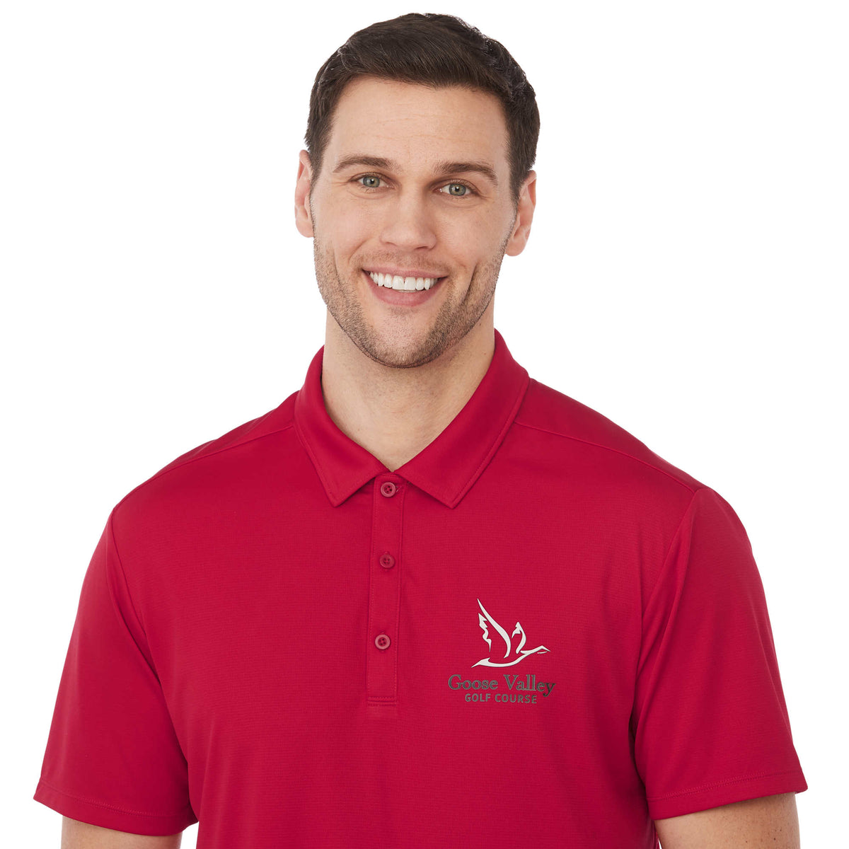 Evans Eco Recycled Performance Polo for Men Transfer - Team Red - Detail On Model