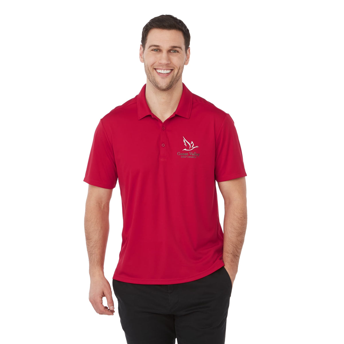 Evans Eco Recycled Performance Polo for Men Transfer - Team Red - Front On Model 2
