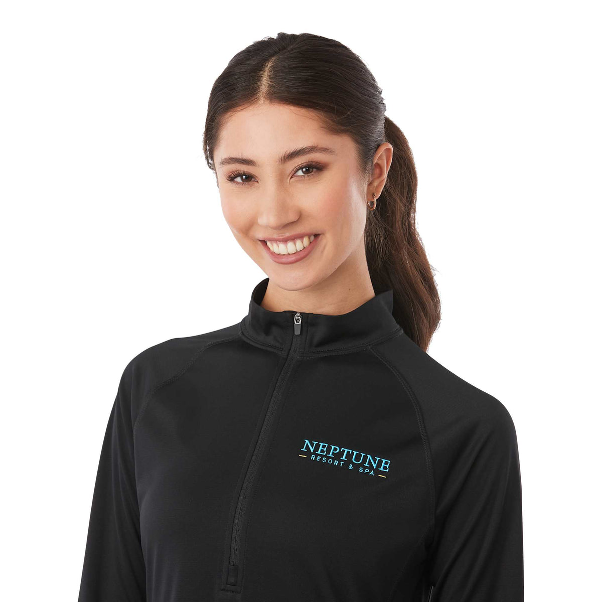 Evans Recycled Performance Half Zip for Women Debossing - Black - Detail On Model