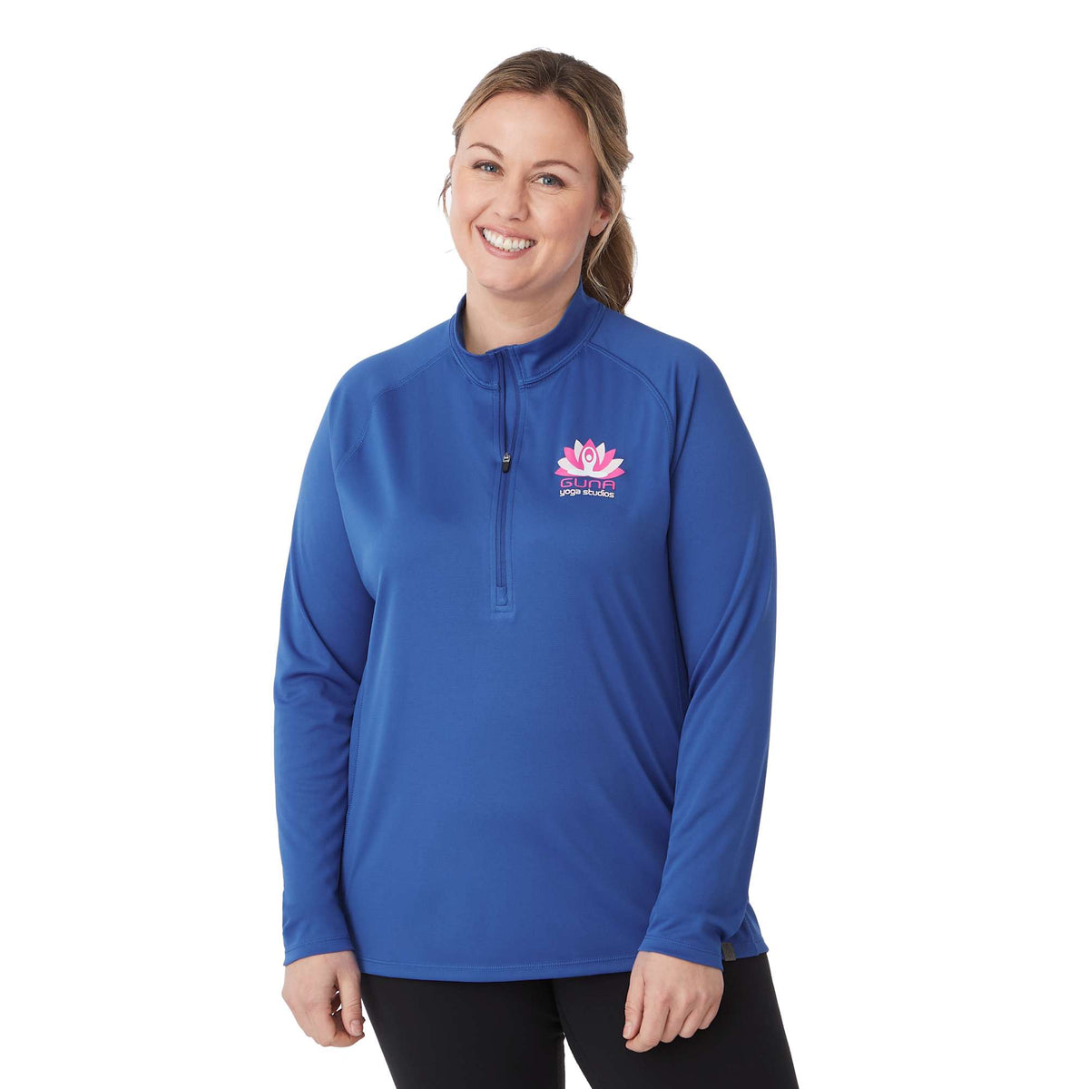Evans Recycled Performance Half Zip for Women Debossing - New Royal - Front On Model