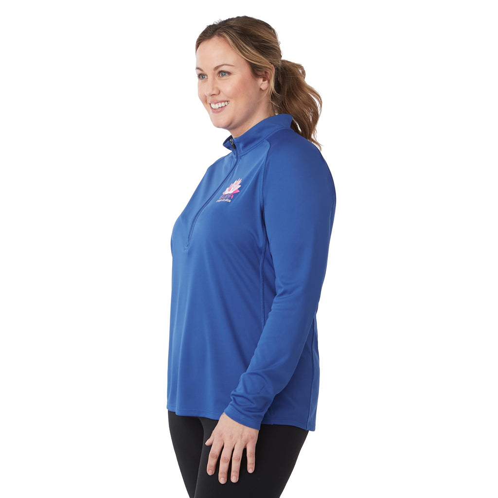 Evans Recycled Performance Half Zip for Women Debossing - New Royal - Left Angle On Model