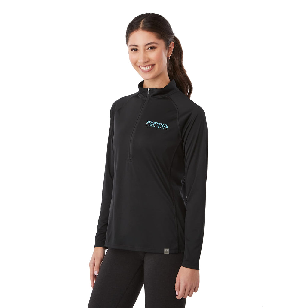 Evans Recycled Performance Half Zip for Women Laser Engraving - Black - Left Angle On Model