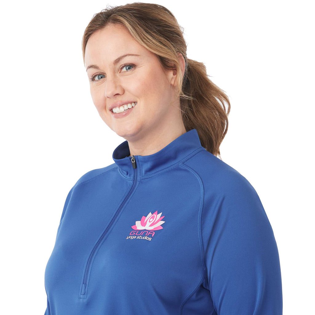 Evans Recycled Performance Half Zip for Women Transfer - New Royal - Detail On Model