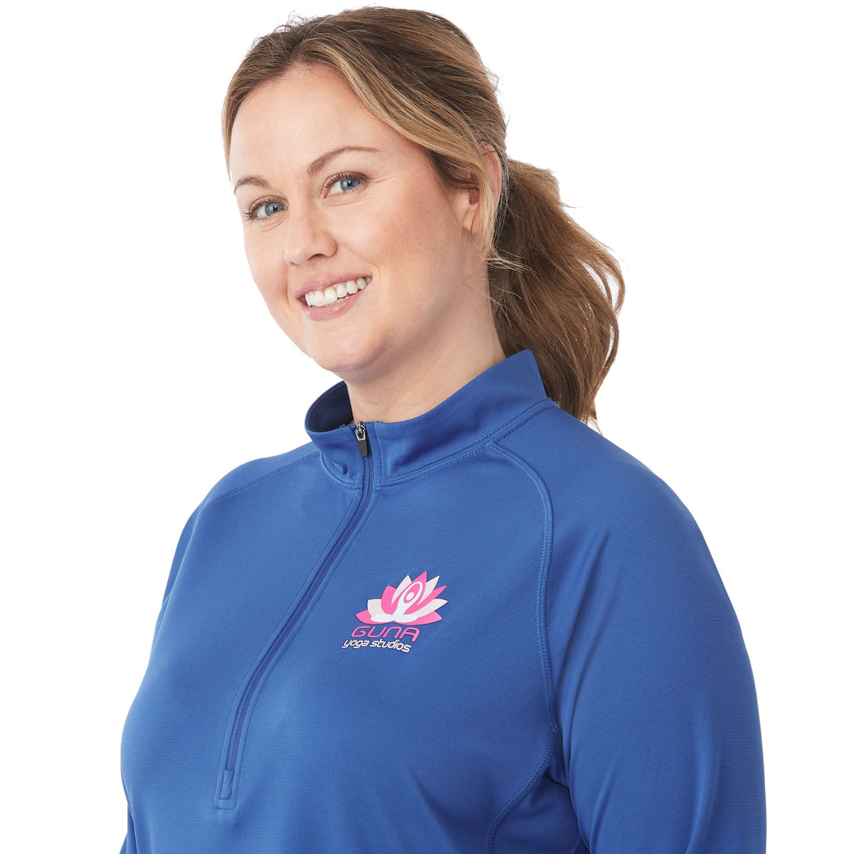 Evans Recycled Performance Half Zip for Women Transfer - New Royal - Detail On Model