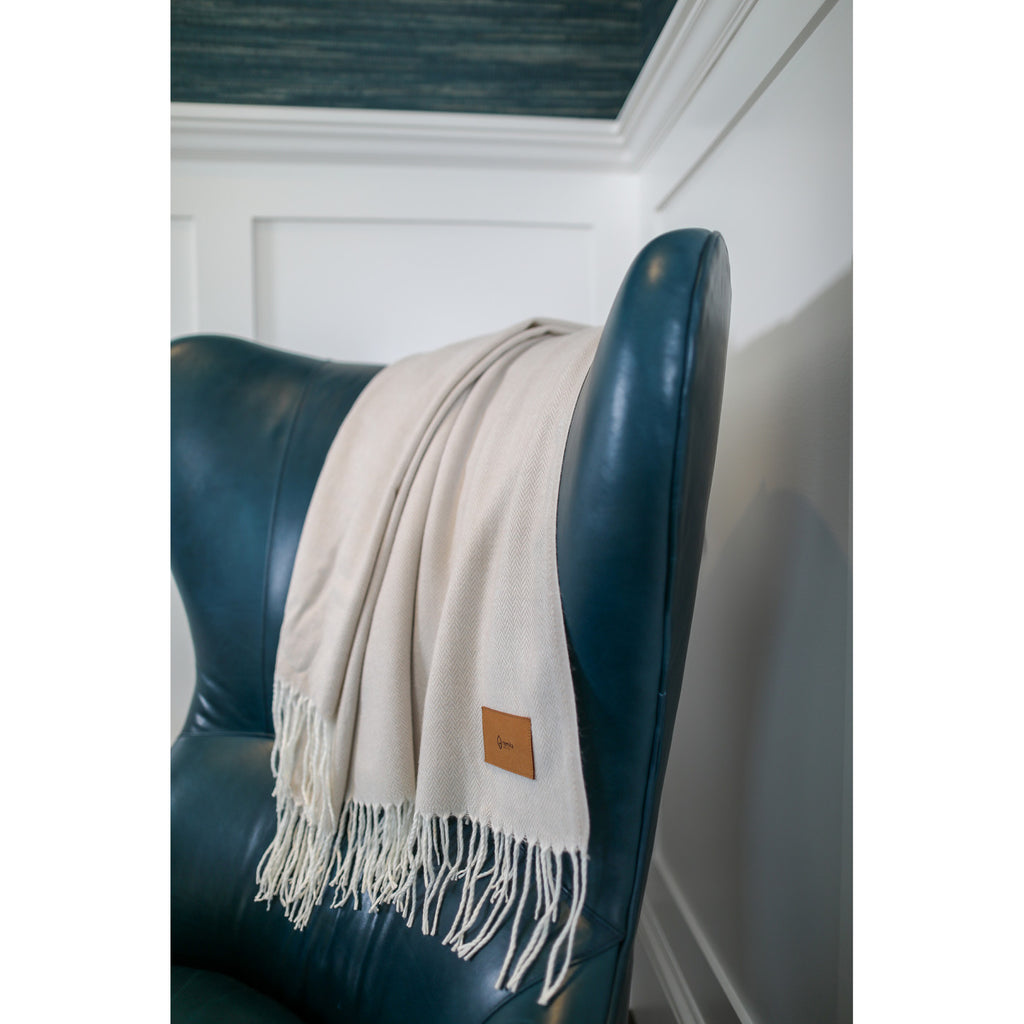 Everlasting Herringbone Throw Blanket with Fringe Laser Engraving - Cream - View 3