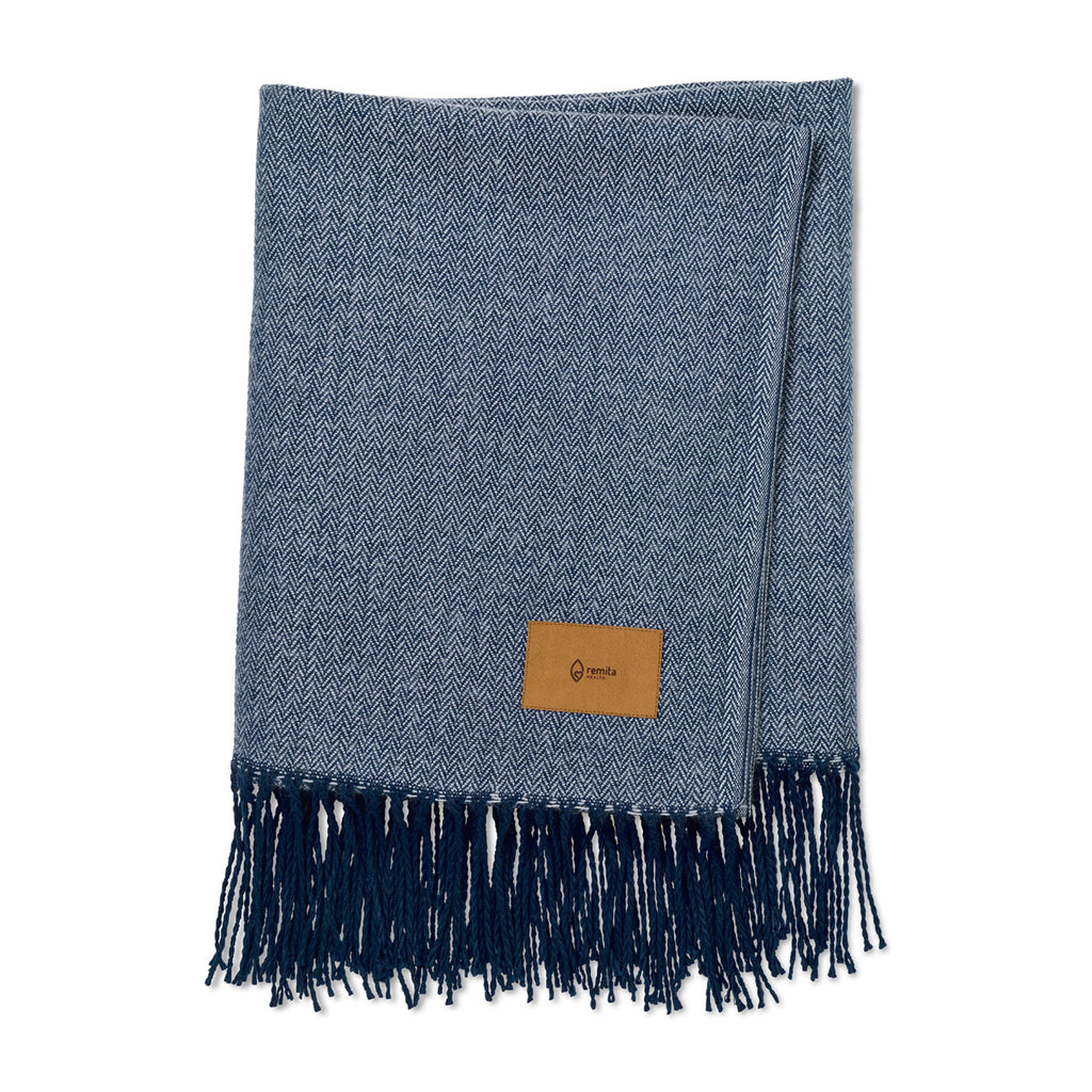 Everlasting Herringbone Throw Blanket with Fringe Laser Engraving - Navy Blue - View 2